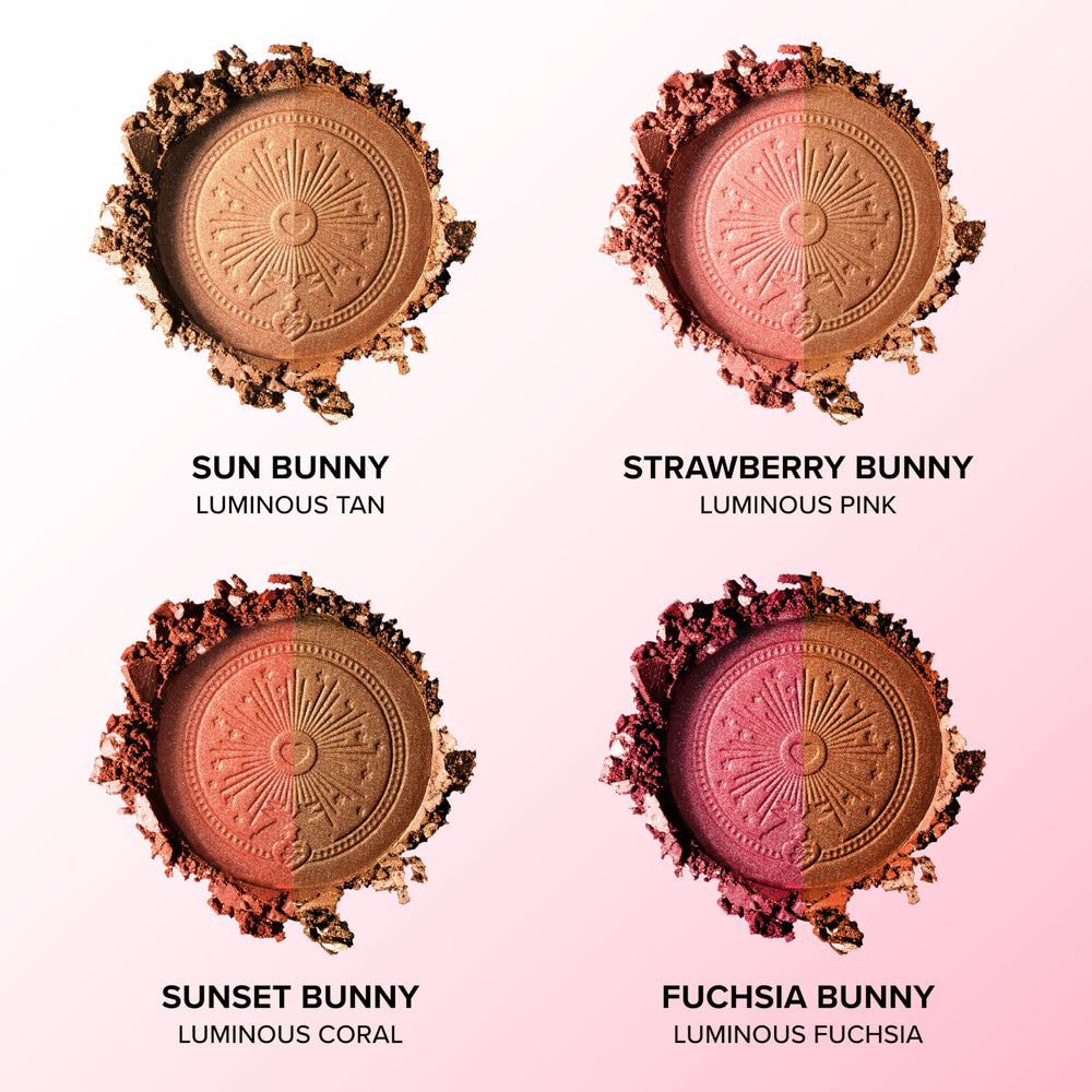 Too Faced Sun Bunny compact tucked in a makeup bag illustrating on-the-go touch-up benefit