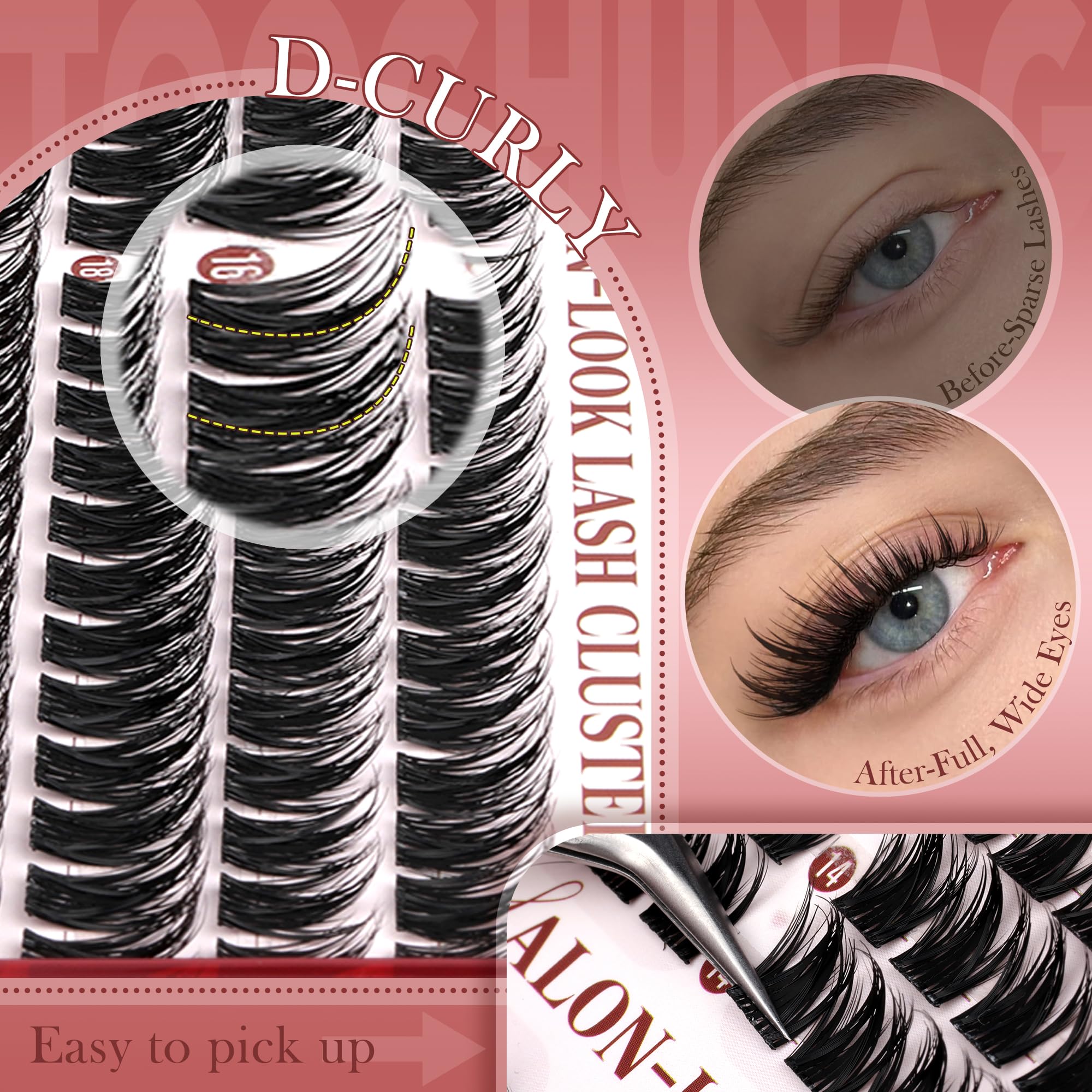 TOOCHUNAG arranged 12–18mm lash clusters showing tailored length options
