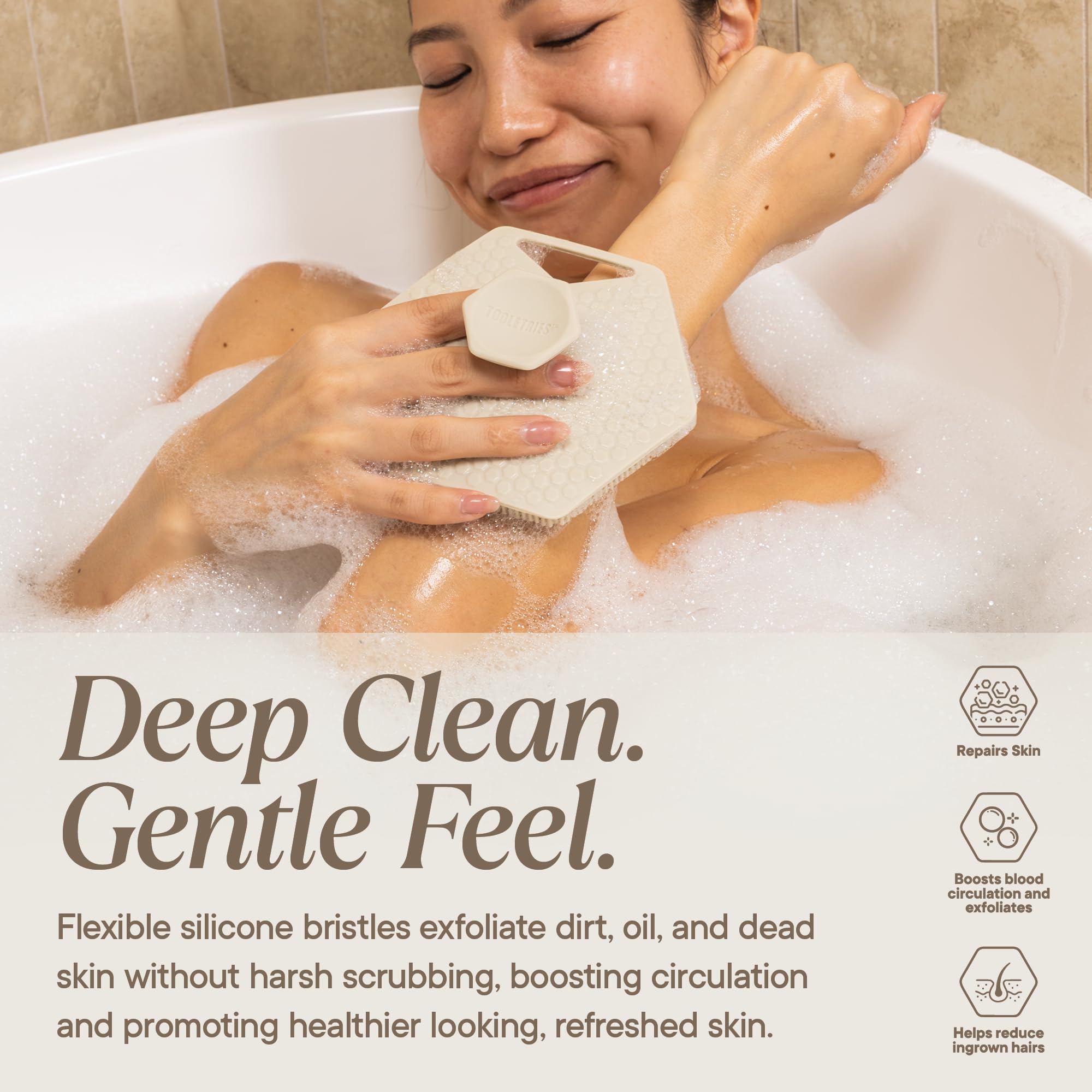 TOOLETRIES in-shower use demonstrating easy reach and control
