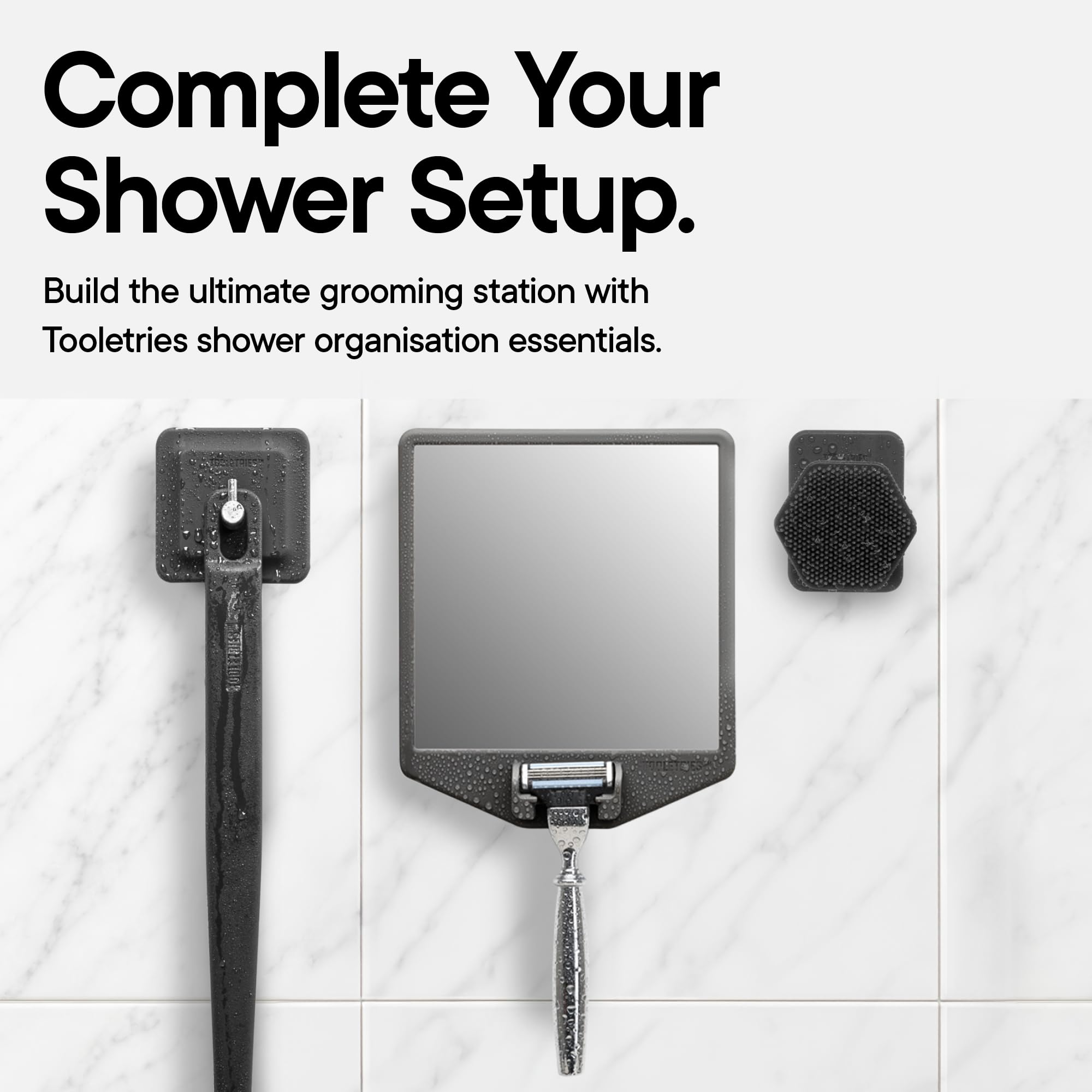 TOOLETRIES cleaning the mirror and silicone holder showing easy maintenance with mild soap
