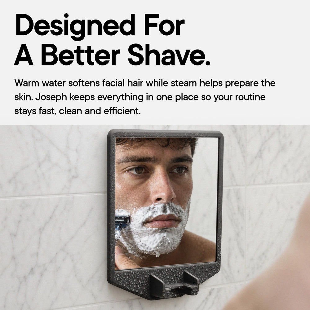 TOOLETRIES in-use image of shaving in shower illustrating clear reflection and easy access