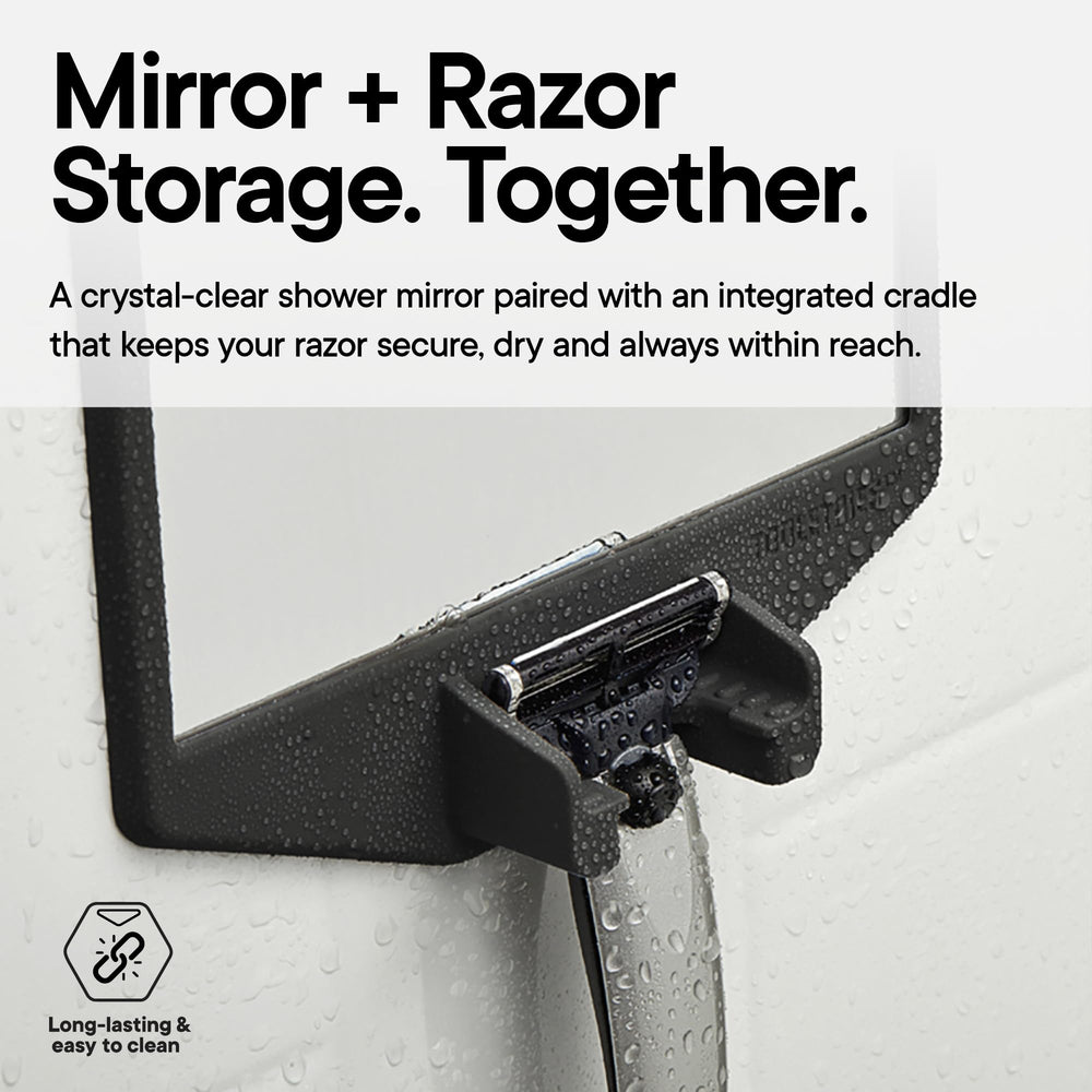 TOOLETRIES mirror mounted on glass shower showing tool-free adhesive for renter-friendly installation