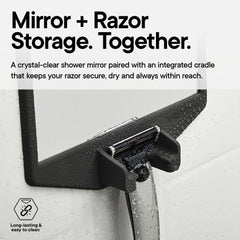 TOOLETRIES mirror mounted on glass shower showing tool-free adhesive for renter-friendly installation