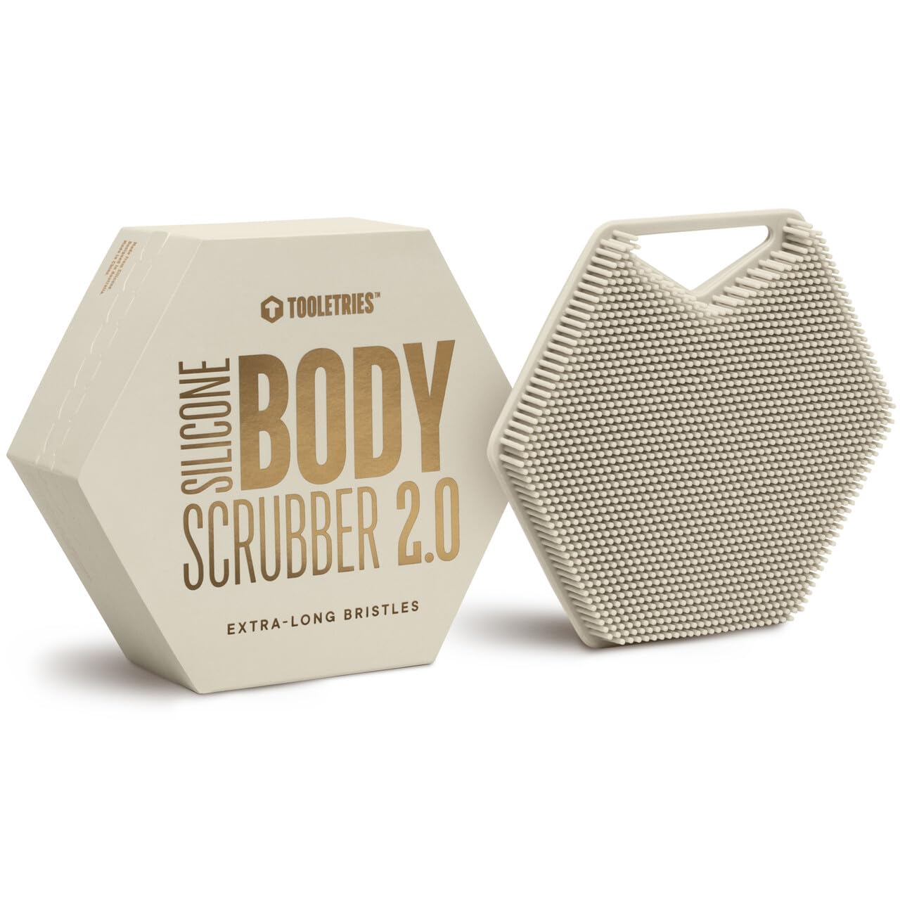 TOOLETRIES front view showing scrubber shape and quick-dry benefit