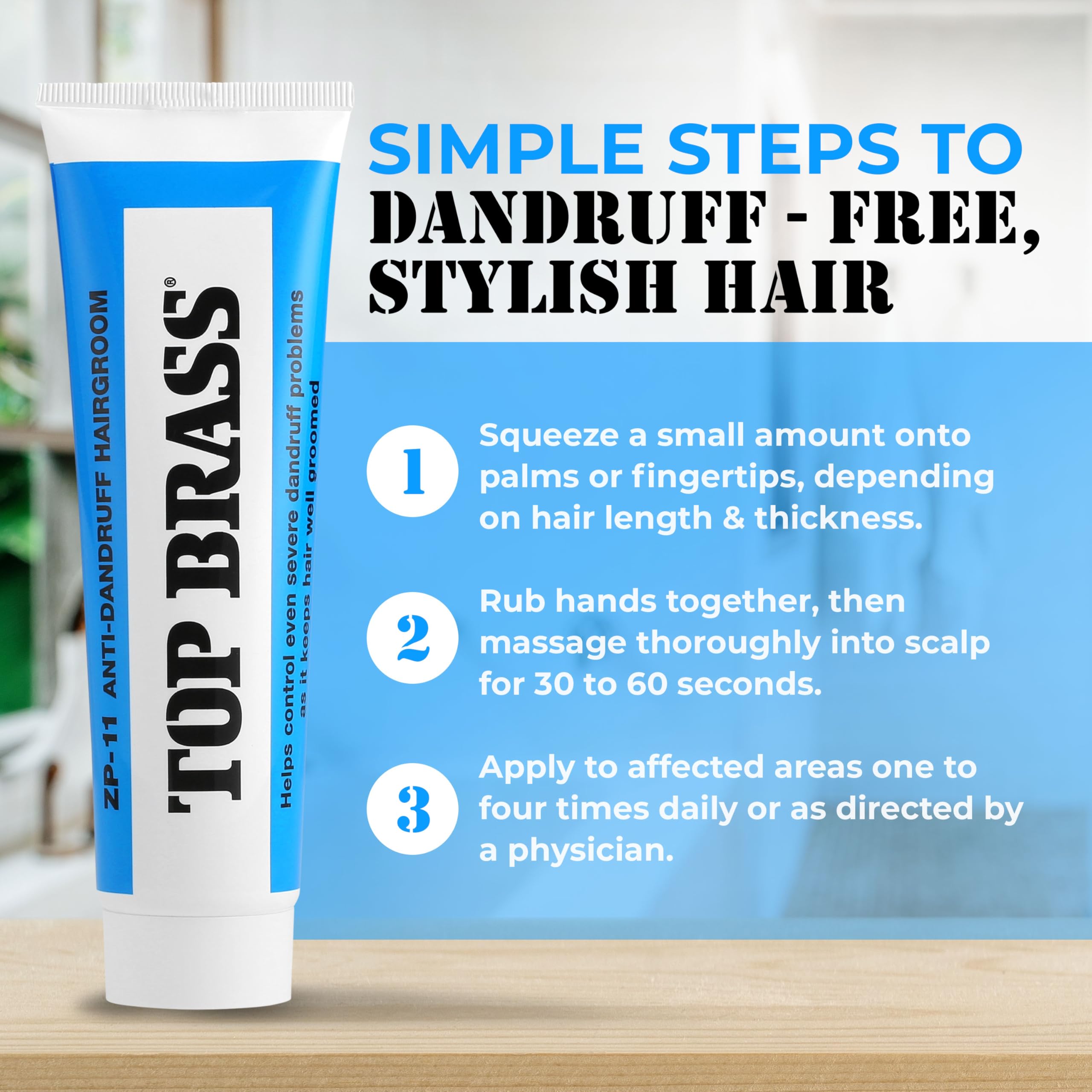 Top Brass styled men's hair example showing neat control and anti-dandruff benefit