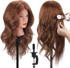 TopDirect front view of packaged mannequin head showing dark brown hair and benefits for training