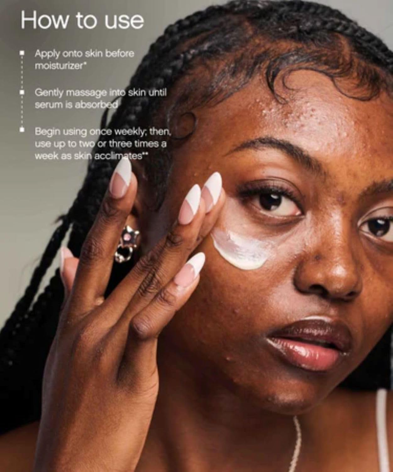 Topicals serum applied to cheek demonstrating gentle coverage and simple use