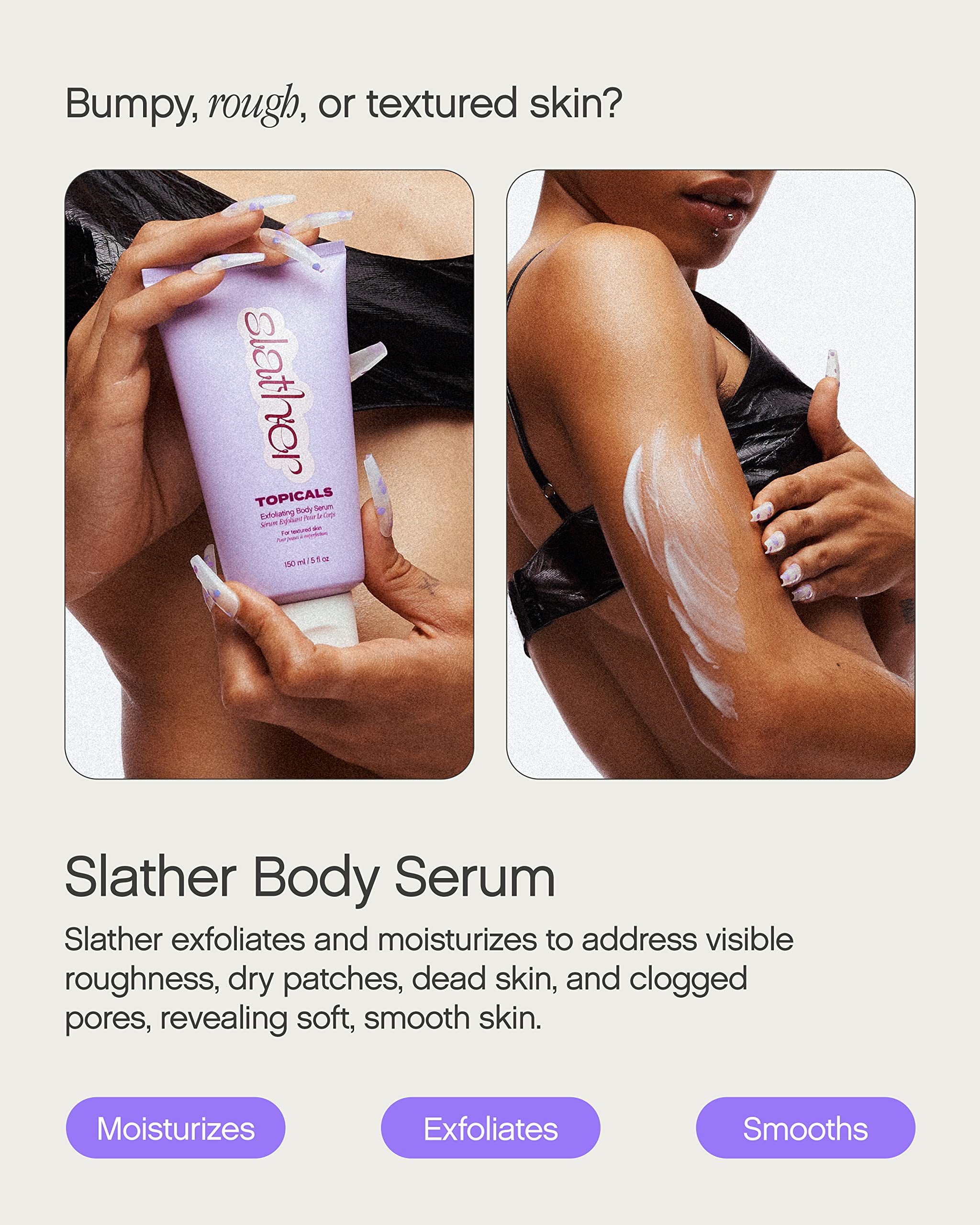 Topicals Slather milky texture dispensed on hand showing lightweight spreadability benefit