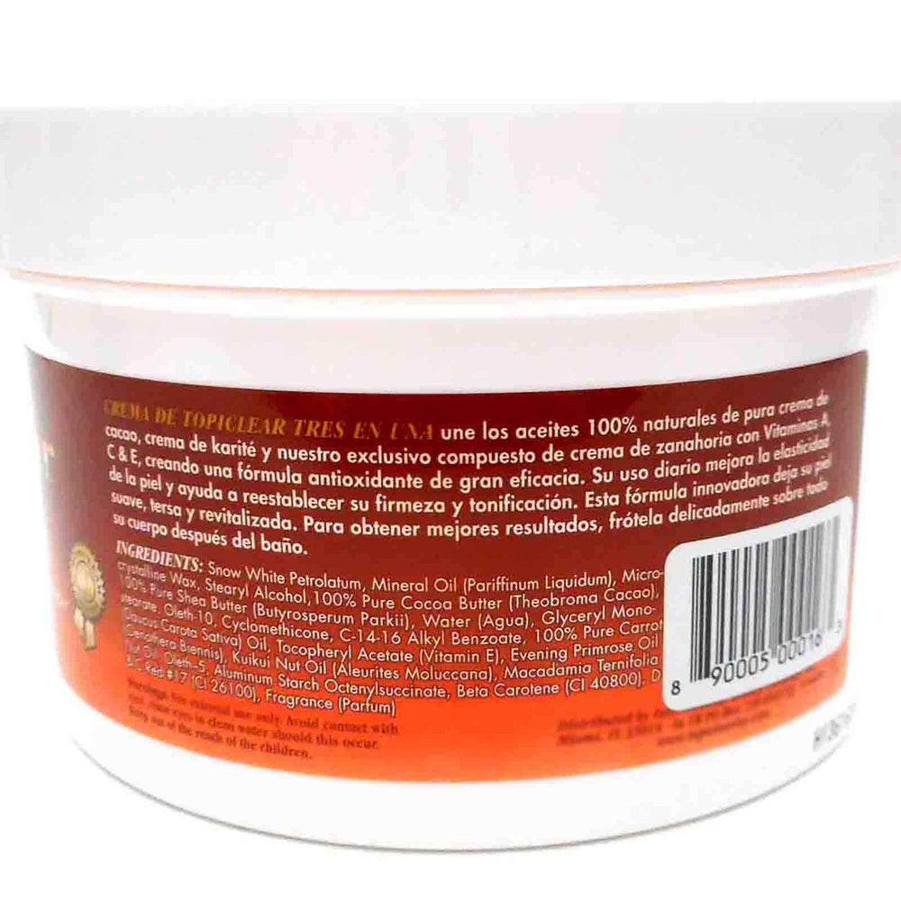 Topiclear jar on bathroom counter being applied to leg for daily moisturizing benefit
