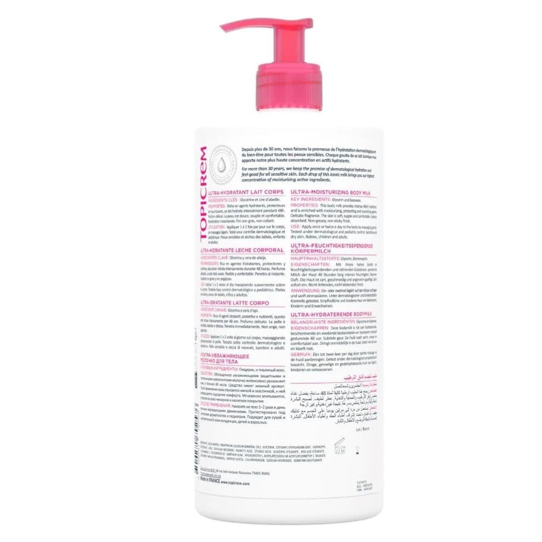 Topicrem 500ml bottle beside hand showing size and value