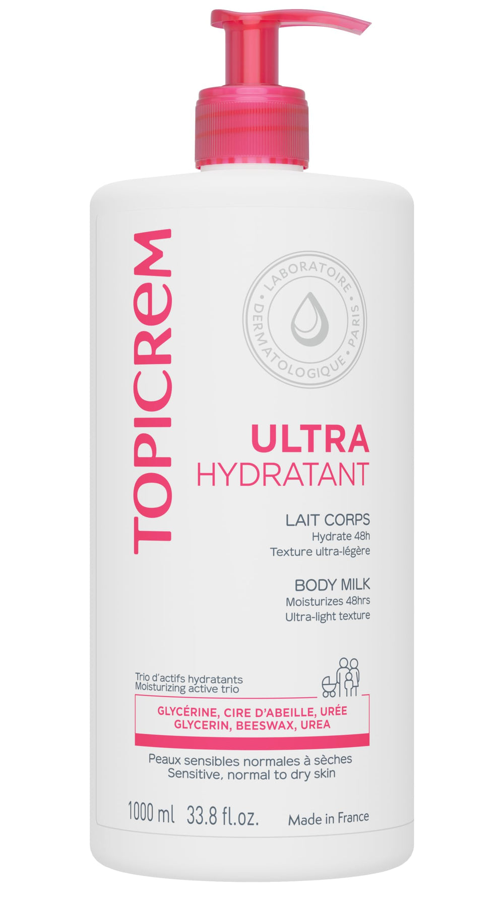 Topicrem front view of 1000ml bottle showing benefits and volume