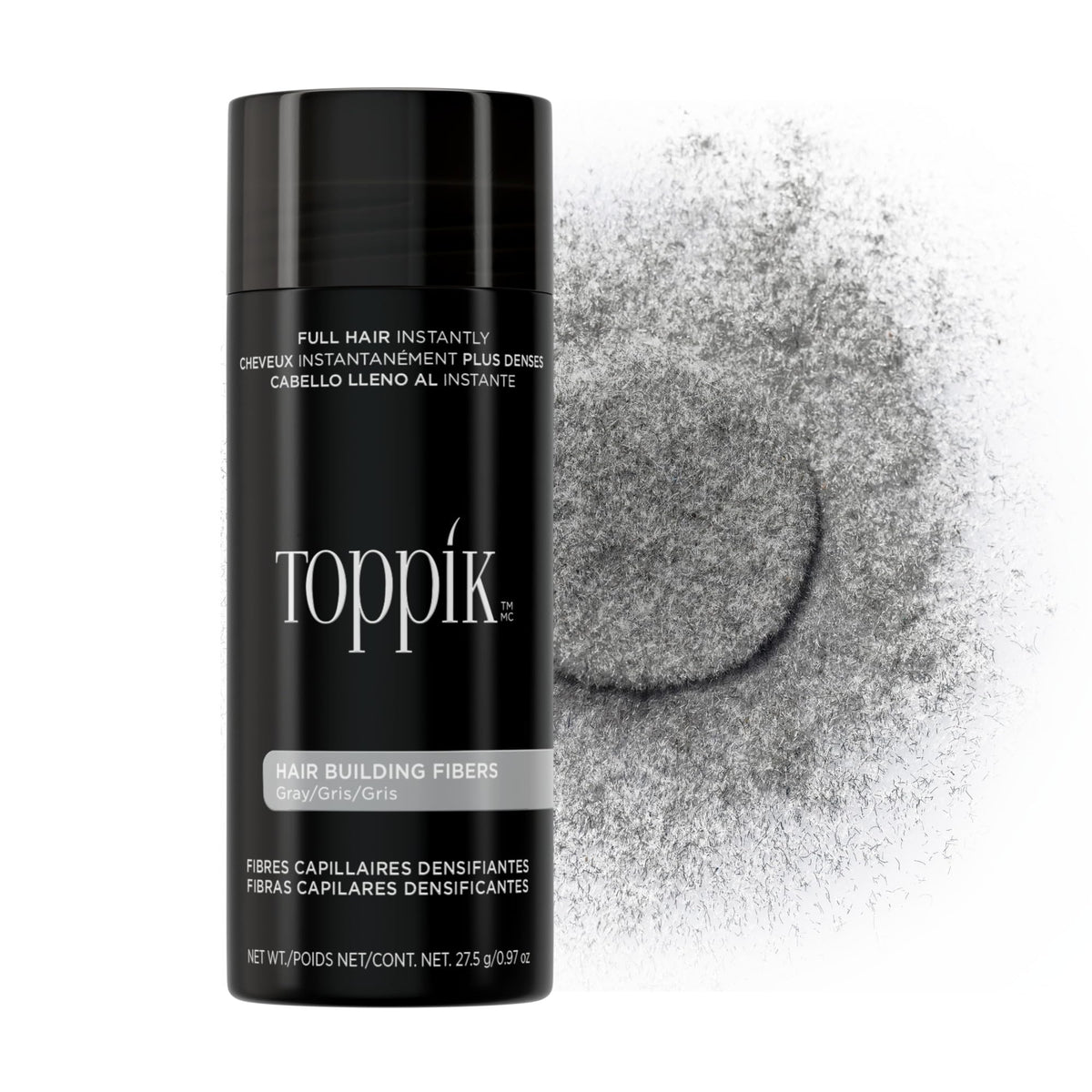 Toppik front packaging in gray showing product size and brand