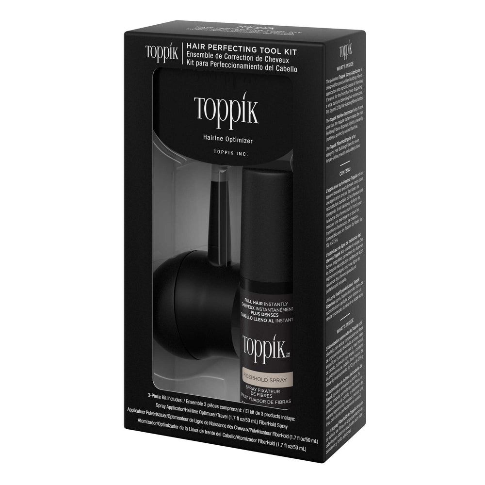 Toppik toolkit used in travel setting demonstrating quick touch-up convenience benefit