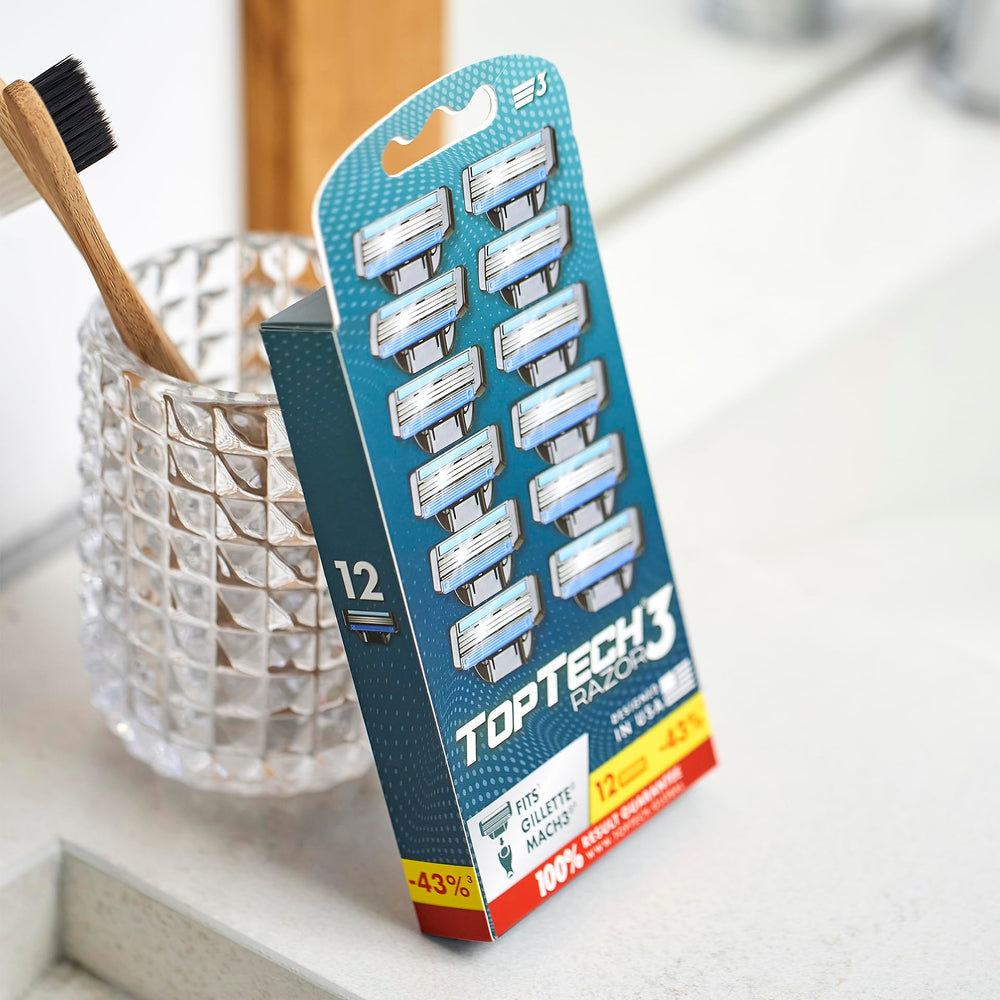 Toptech 12-pack displayed in a bathroom setting for refill supply