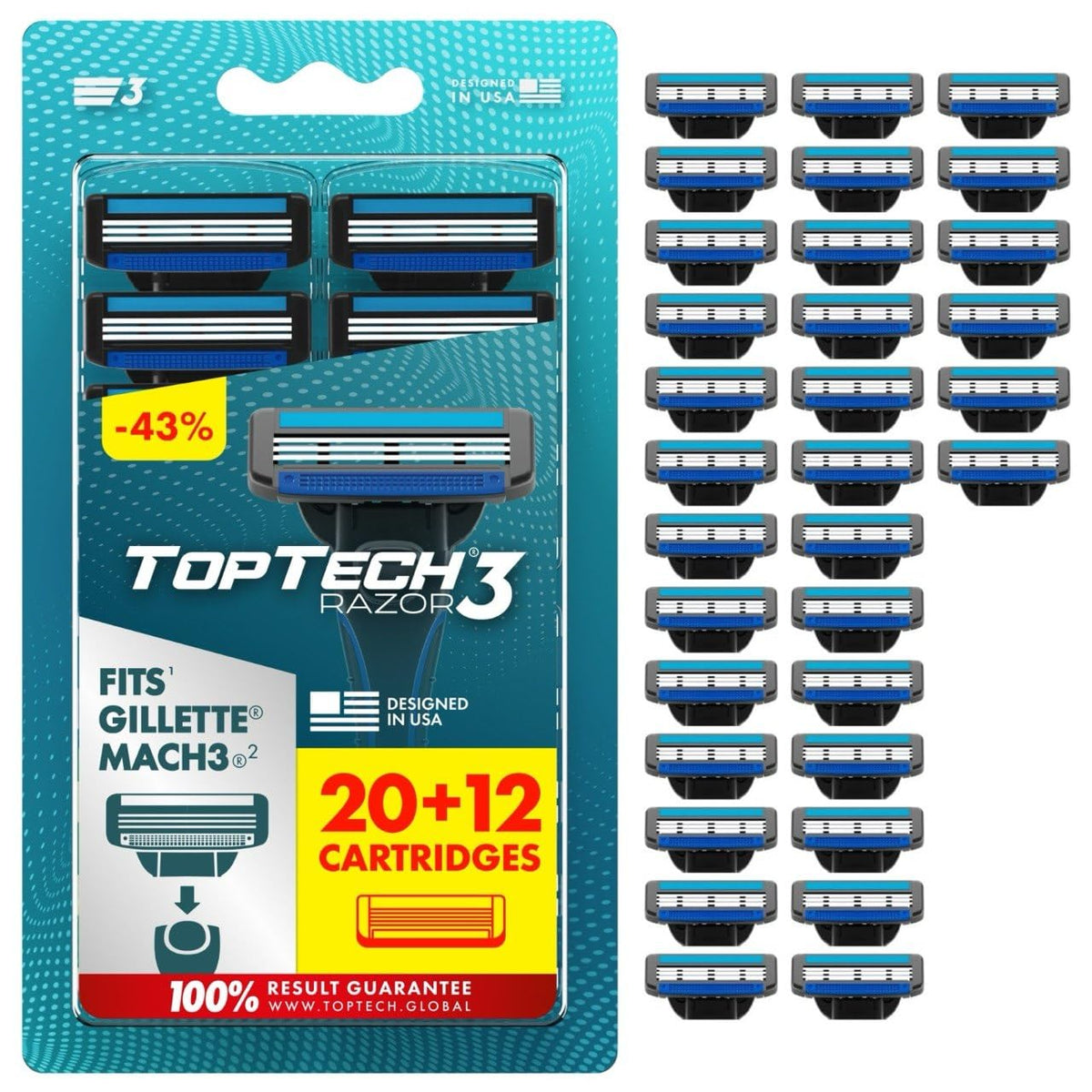 Toptech front packaging showing 20 refill cartridges and value