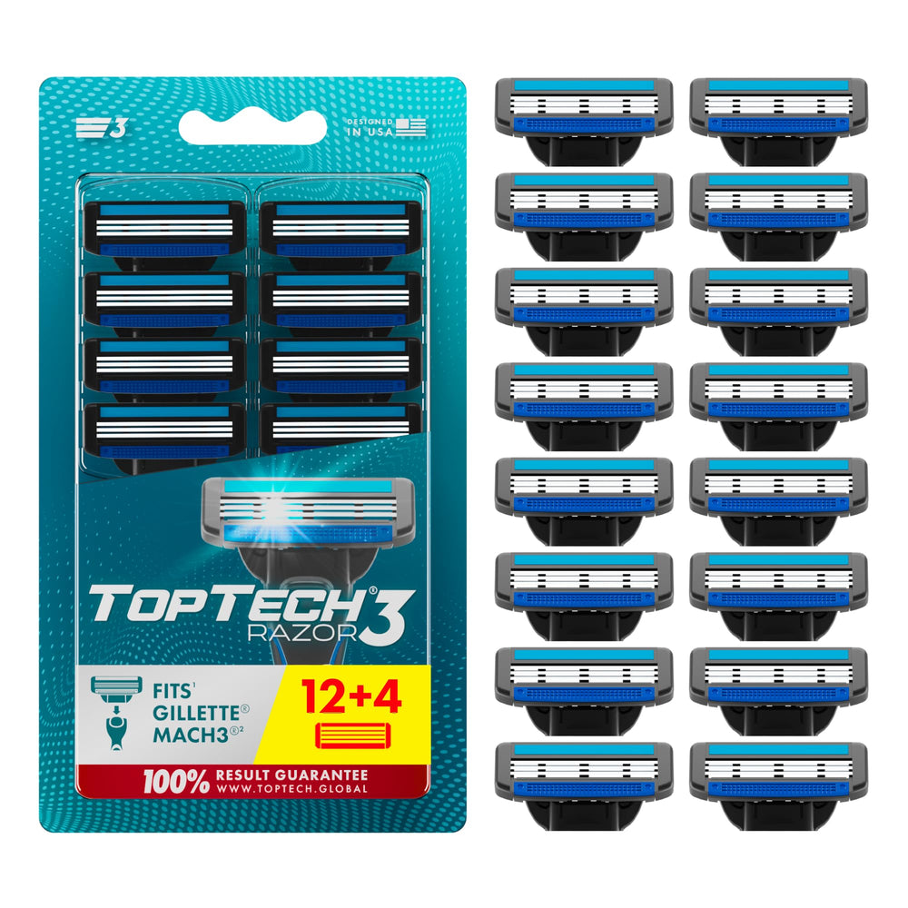 Toptech front packaging showing 12 refill cartridges and benefits