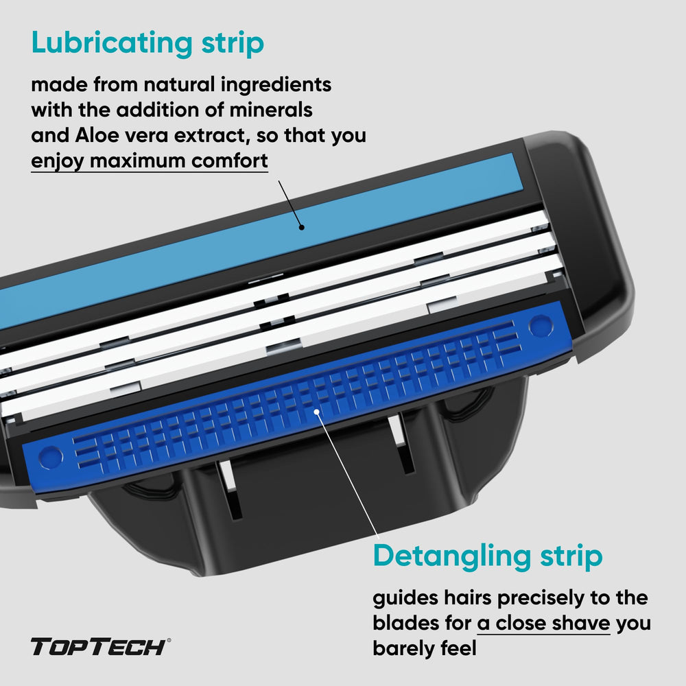 Toptech cartridge clipped onto Mach3-style handle demonstrating compatibility