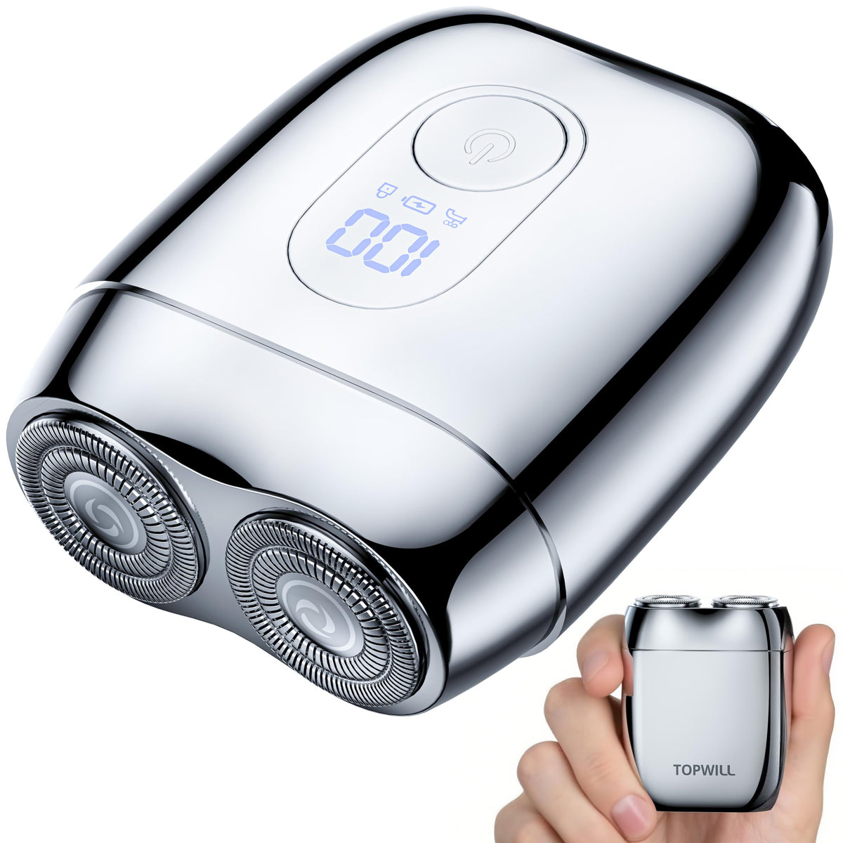 TOPWILL RX40 front view showing compact metal body and shaving head for portability
