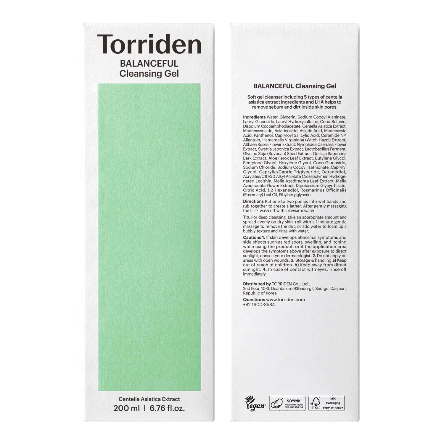 Close-up of Torriden ingredients label emphasizing 5D Cica Complex and LHA benefits