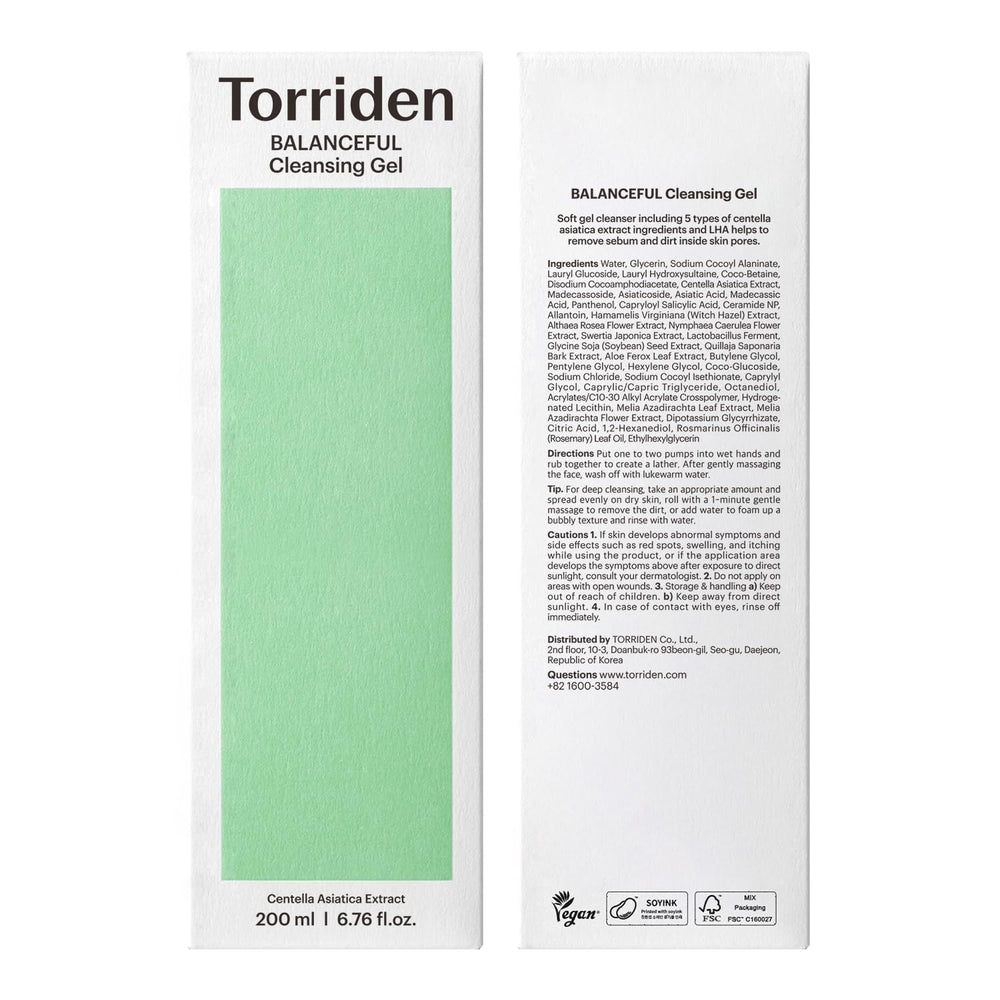 Close-up of Torriden ingredients label emphasizing 5D Cica Complex and LHA benefits