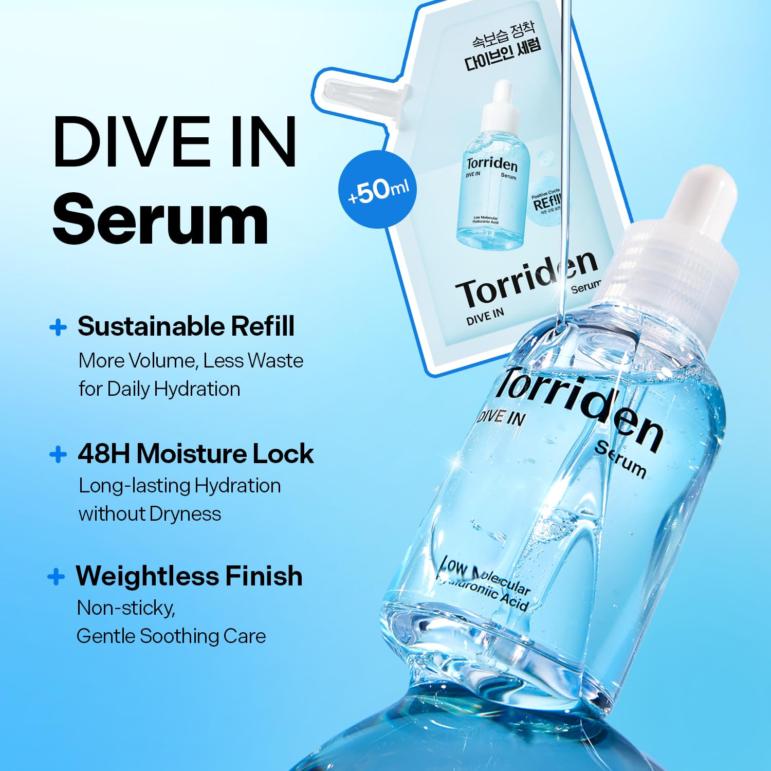 Torriden refill pouch displayed next to bottle for sustainable refill benefit