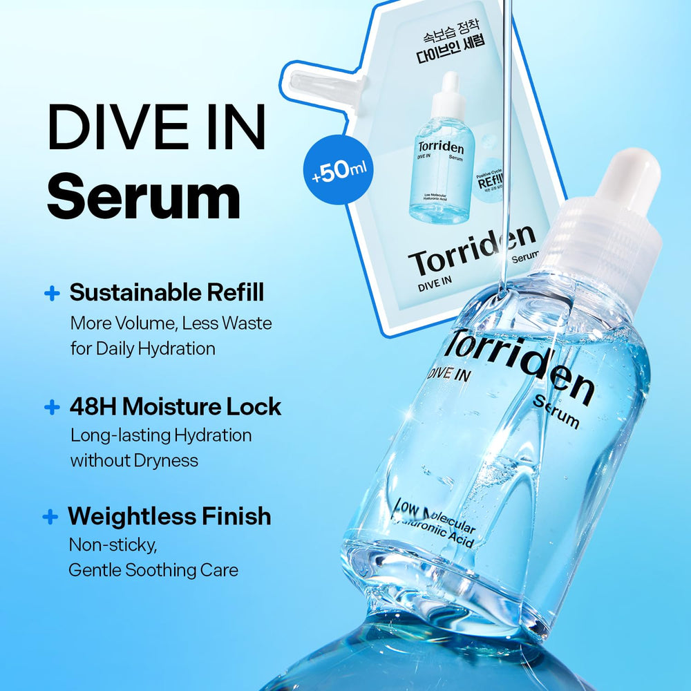 Torriden refill pouch displayed next to bottle for sustainable refill benefit
