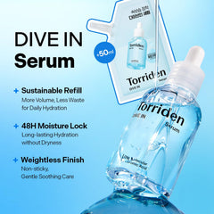 Torriden refill pouch displayed next to bottle for sustainable refill benefit