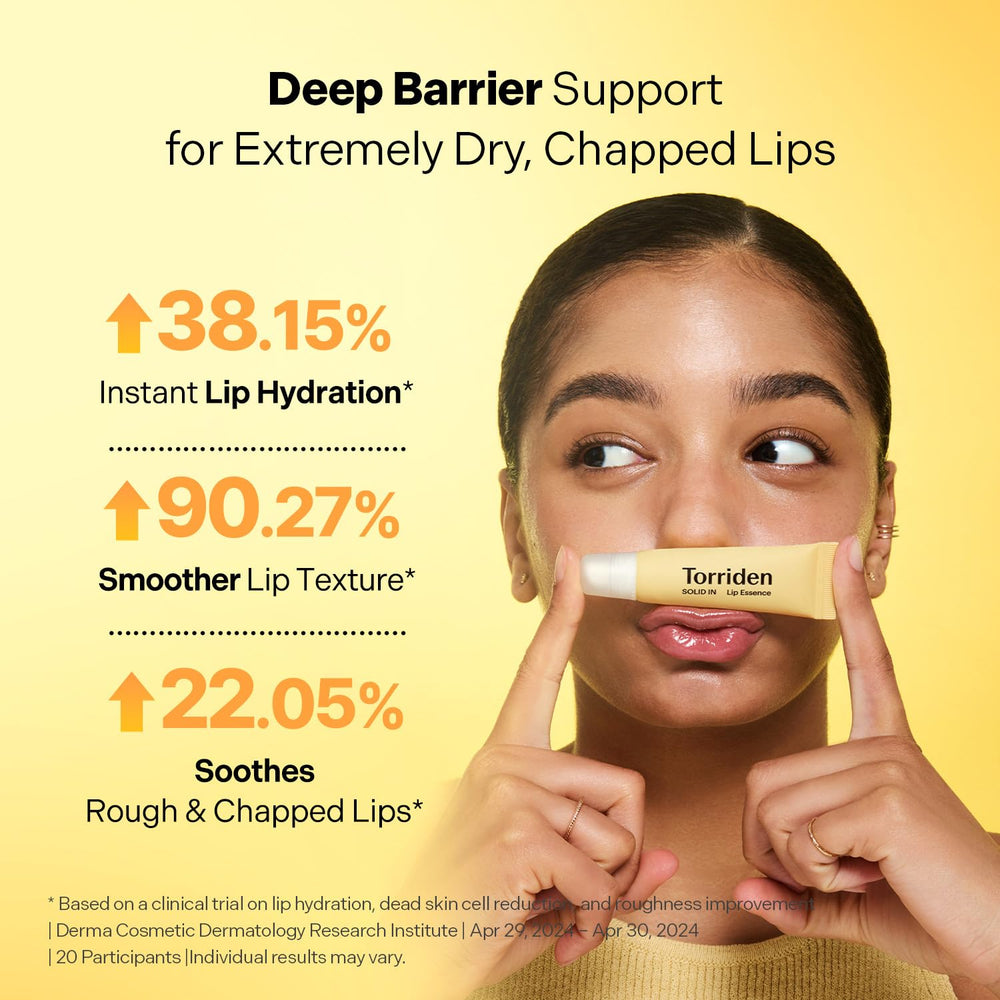 Torriden lip essence applied on lips for instant dewy hydration and subtle sheen