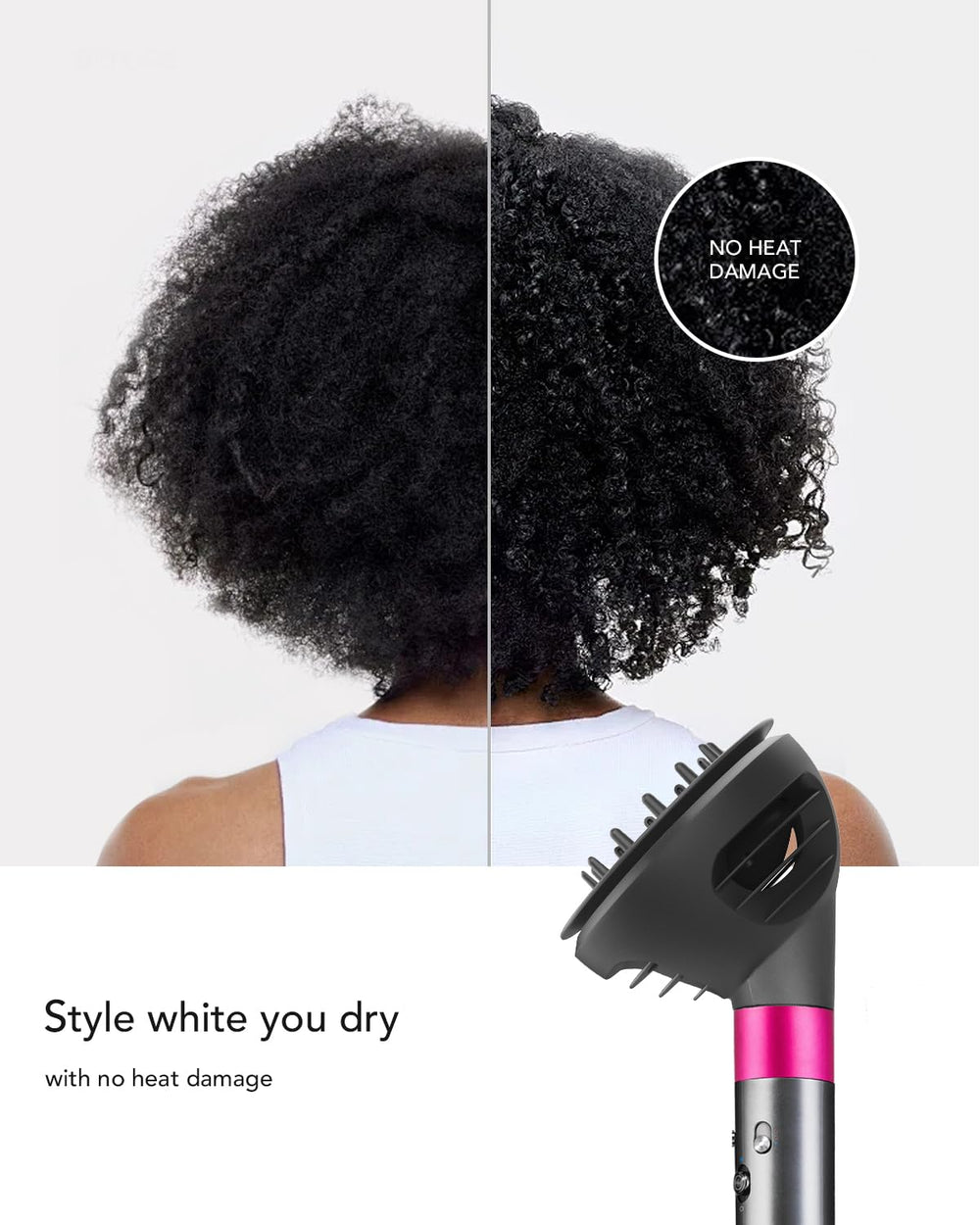 TOSAGE diffuser texture sample showing reduced frizz and styled finish benefit