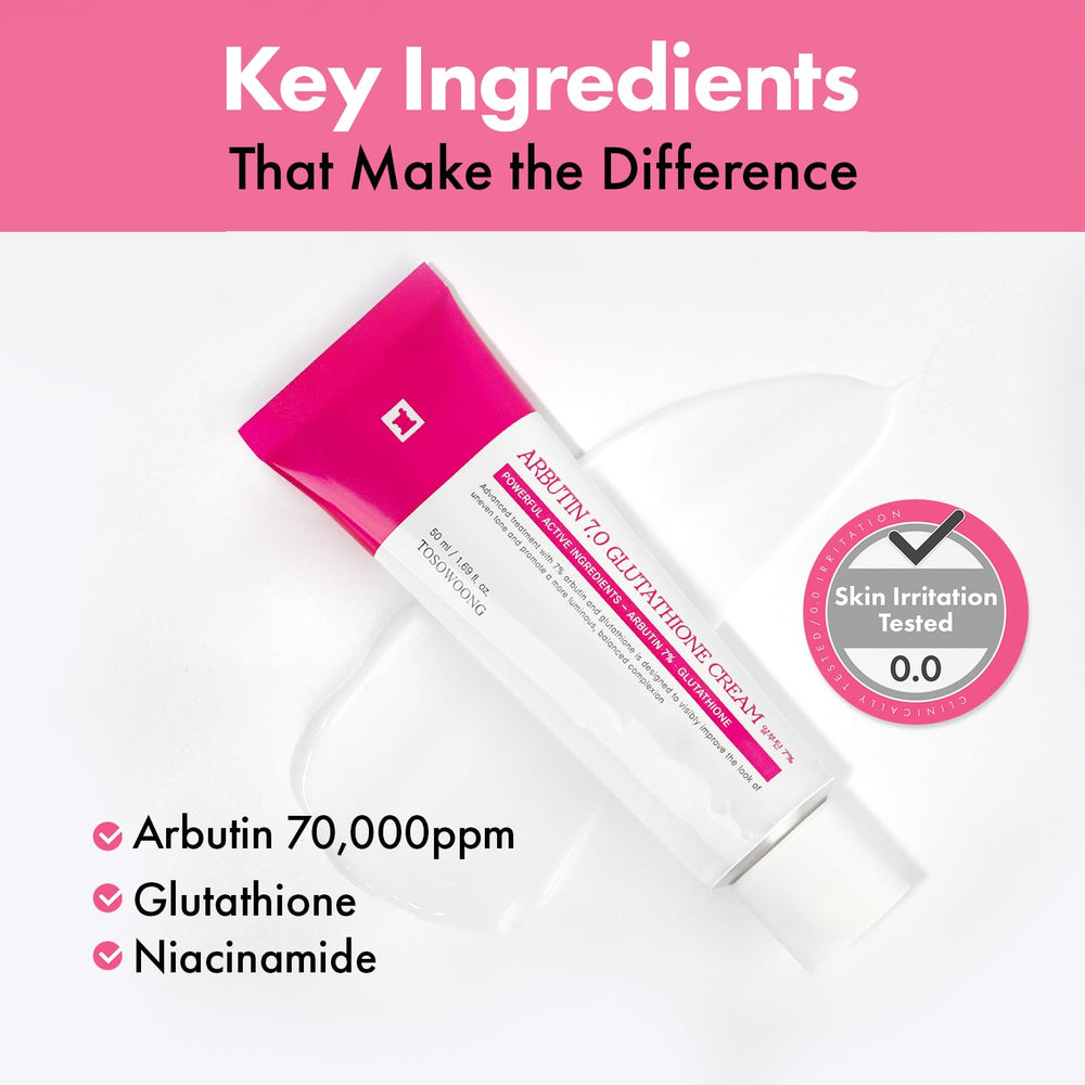 TOSOWOONG cream beside arbutin and glutathione visuals showing key actives