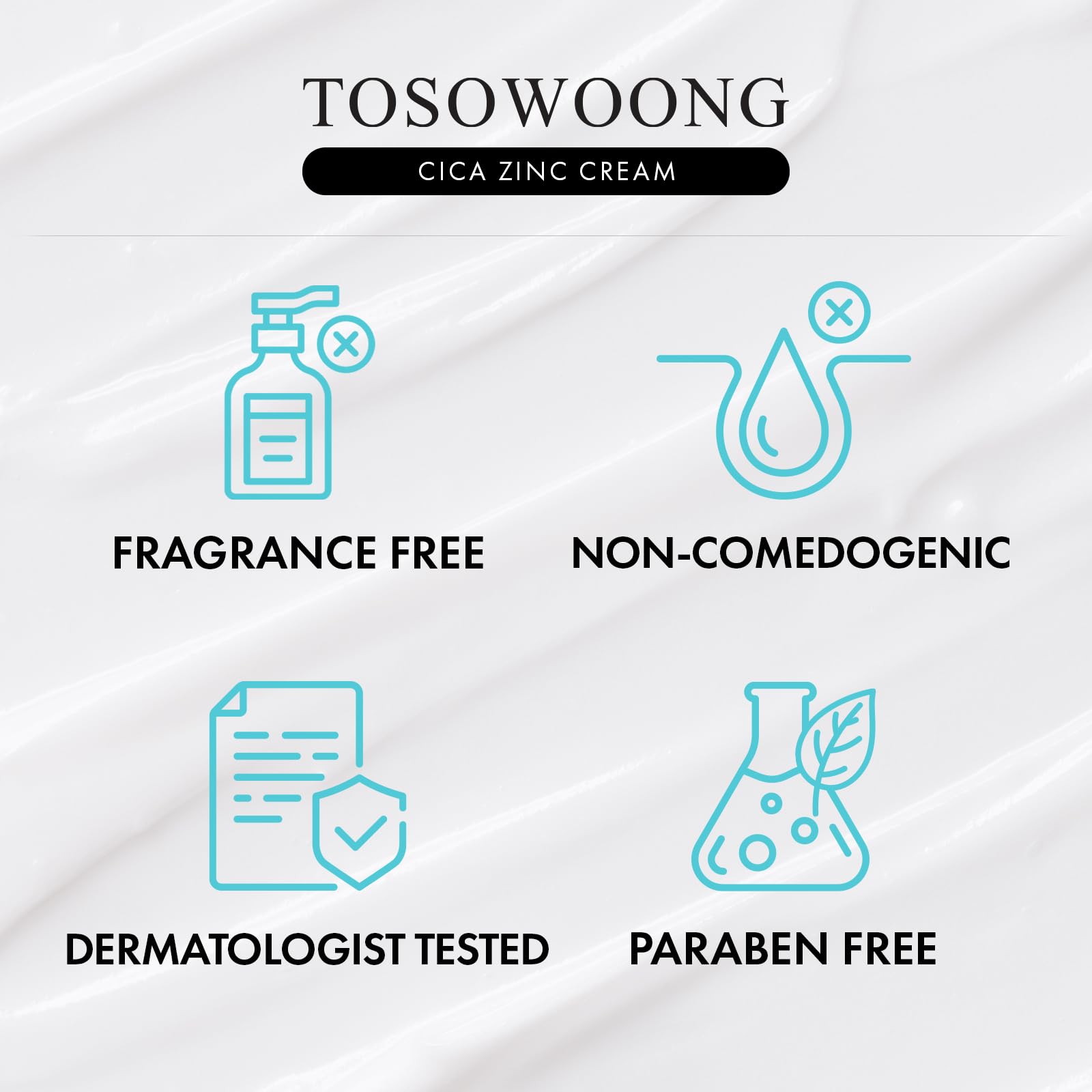 TOSOWOONG ingredients list flatlay showing zinc-based formulation transparency