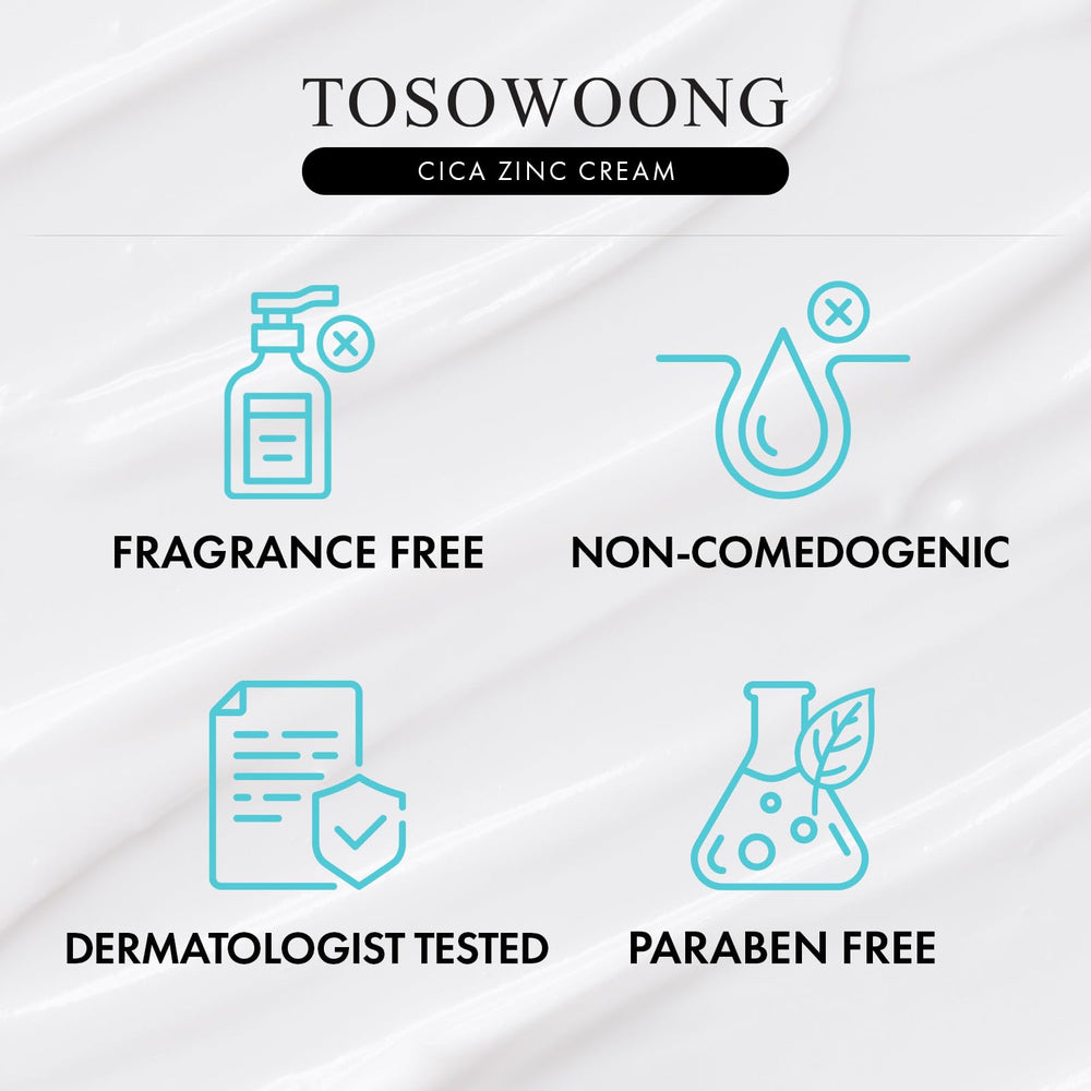 TOSOWOONG ingredients list flatlay showing zinc-based formulation transparency