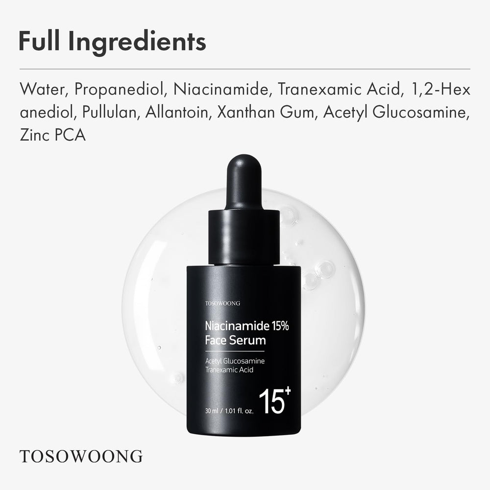 TOSOWOONG ingredient label close-up highlighting niacinamide strength