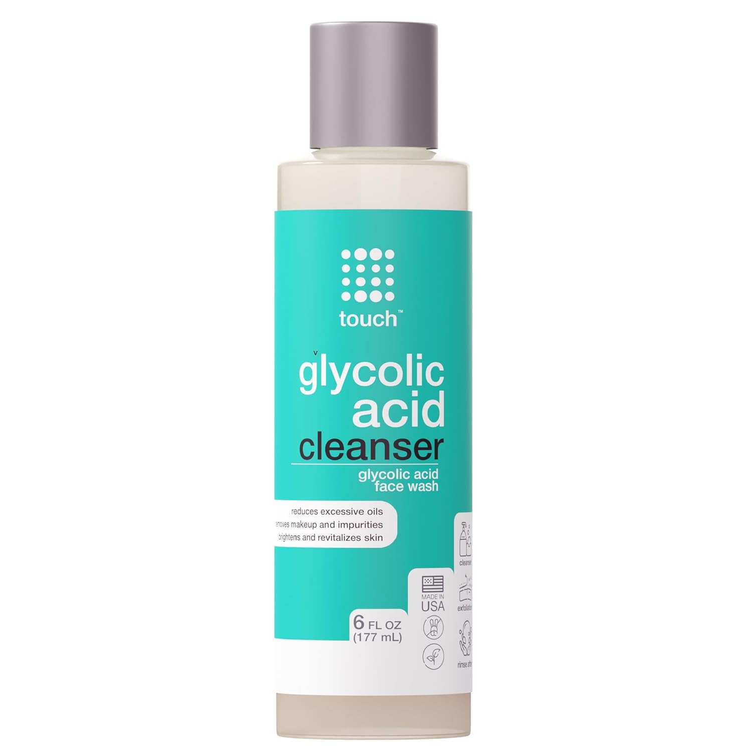 TOUCH front bottle showing label and 10% glycolic concentration for clear skin