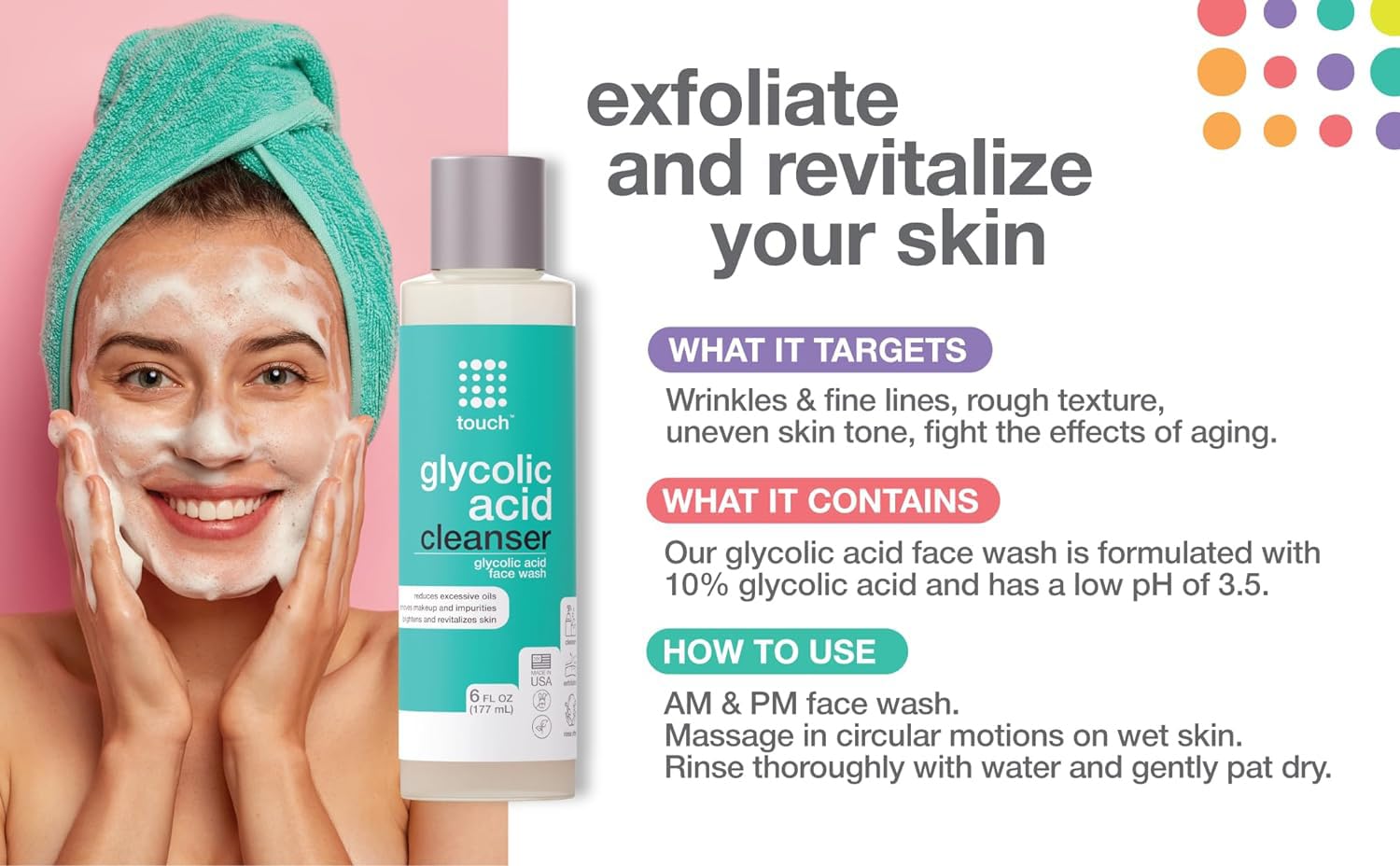 TOUCH ingredients label close-up highlighting glycolic acid and botanicals
