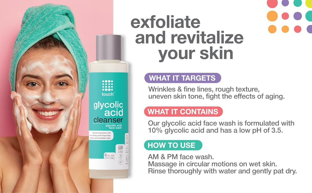 TOUCH ingredients label close-up highlighting glycolic acid and botanicals