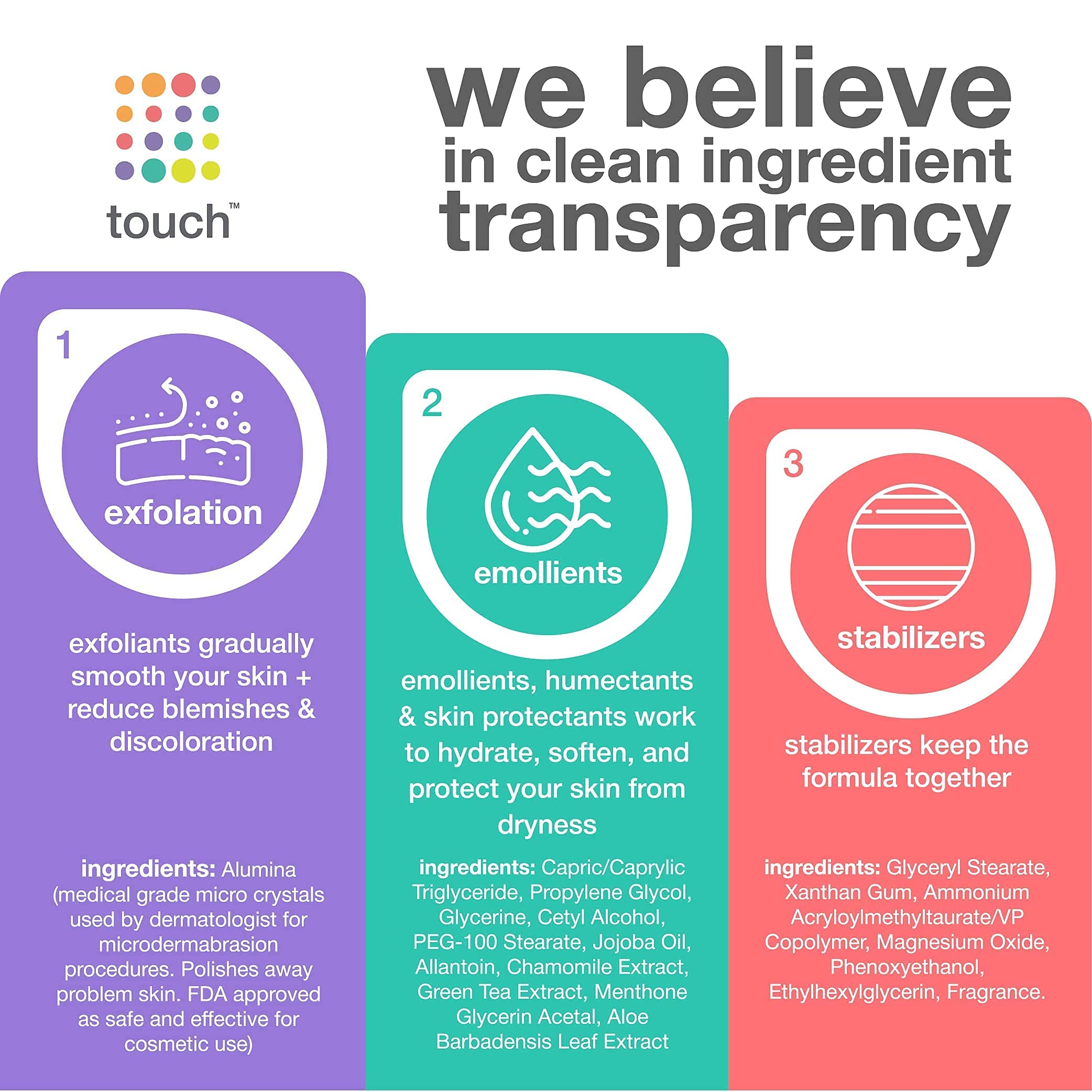 TOUCH label close-up listing vegan and free-from claims for ingredient clarity