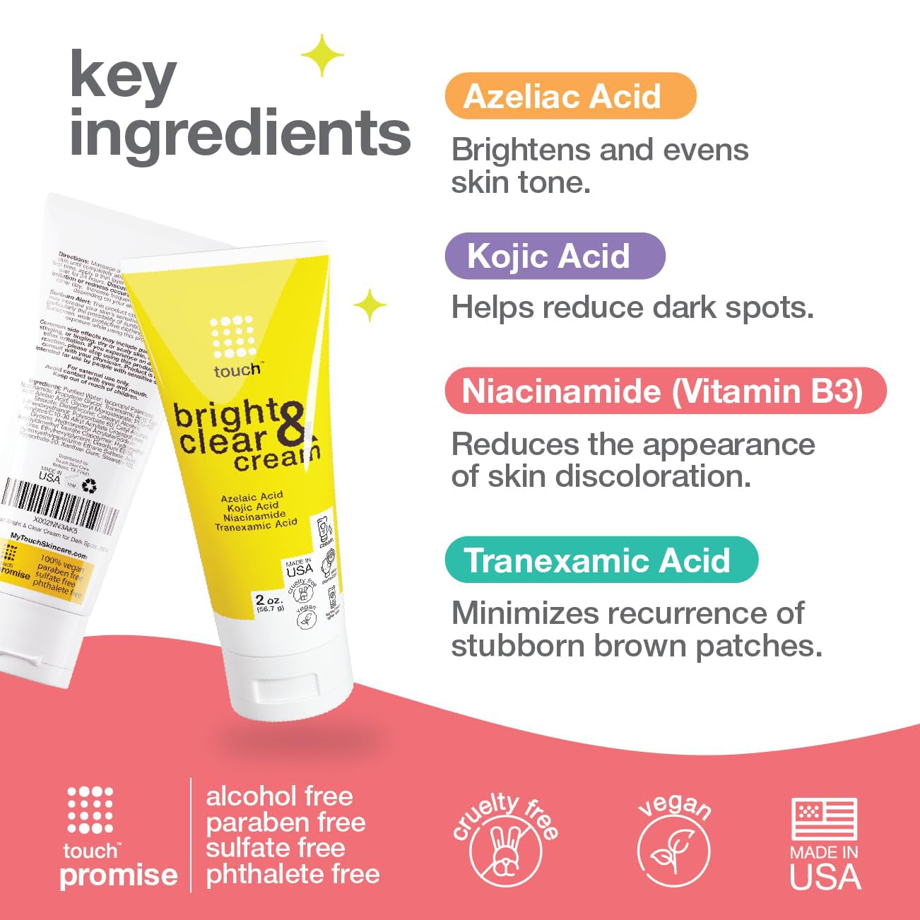 TOUCH ingredient label showing niacinamide and acids for even tone