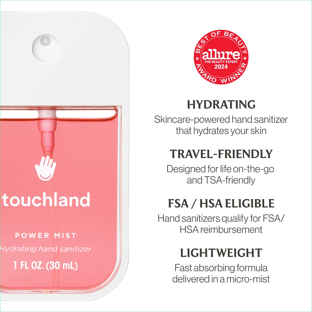 Touchland bottles beside a ruler showing compact travel size and pocketable design