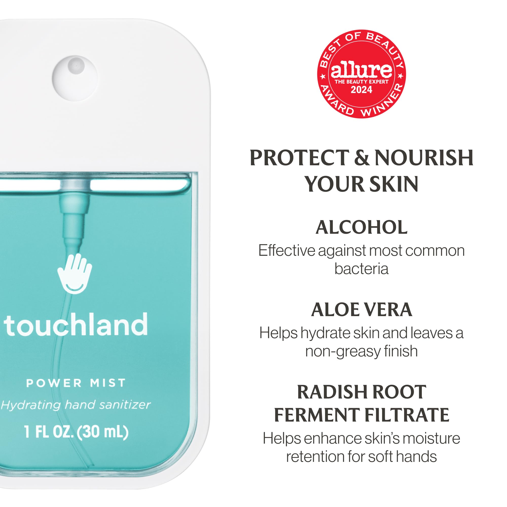 Touchland size comparison next to phone showing travel-friendly compact dimensions