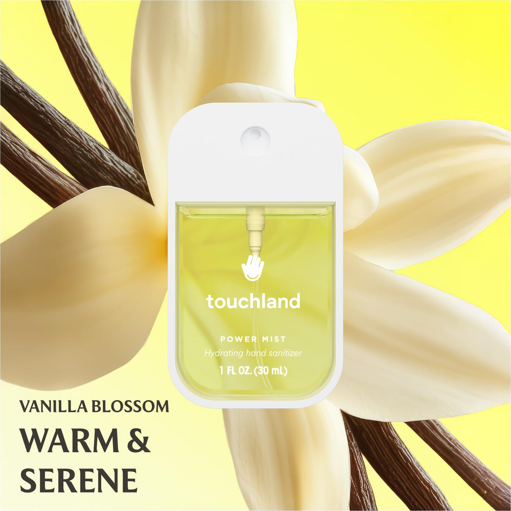 Touchland mist bottle detail highlighting compact spray nozzle and finish
