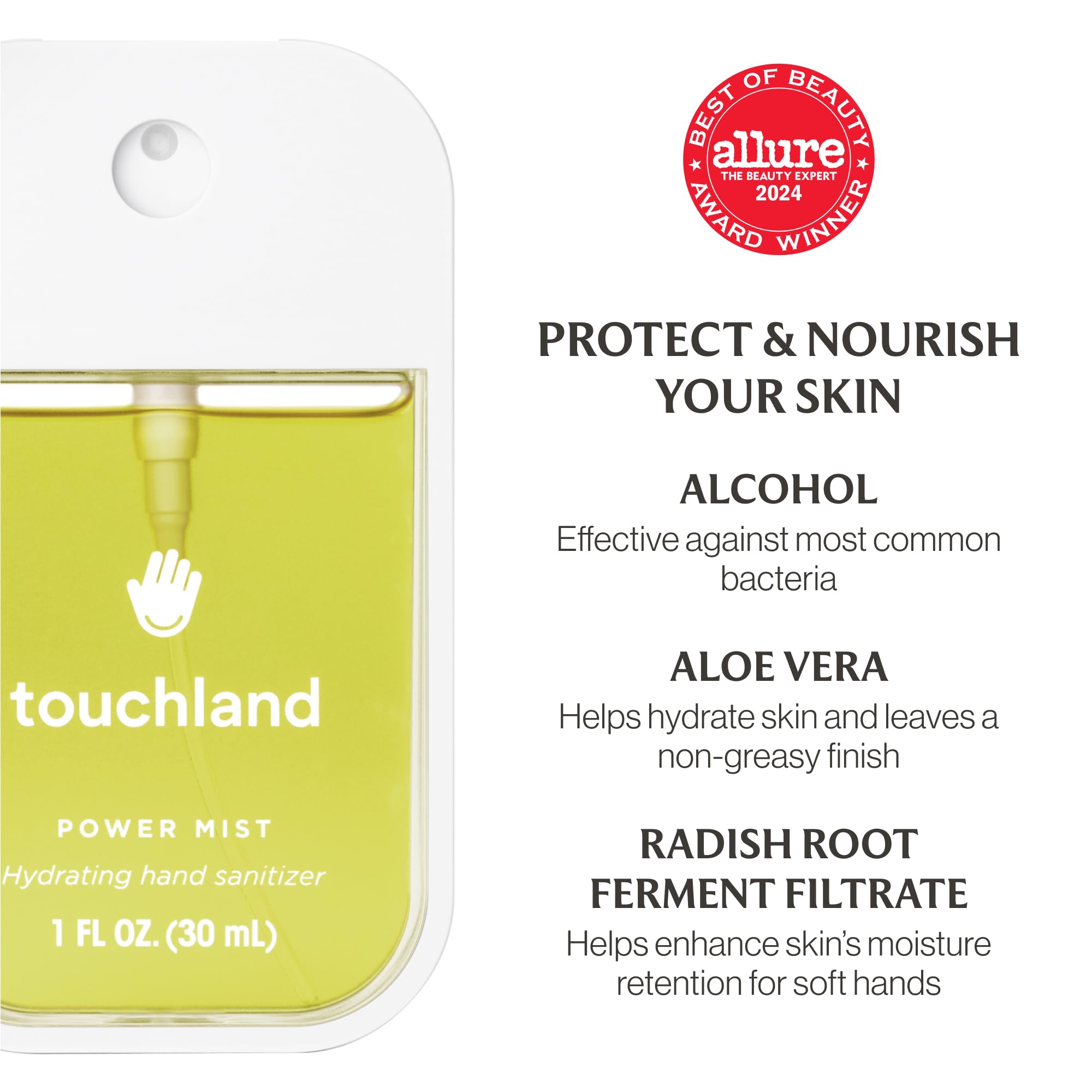 Touchland mist sprayed on hair demonstrating lightweight freshening benefit
