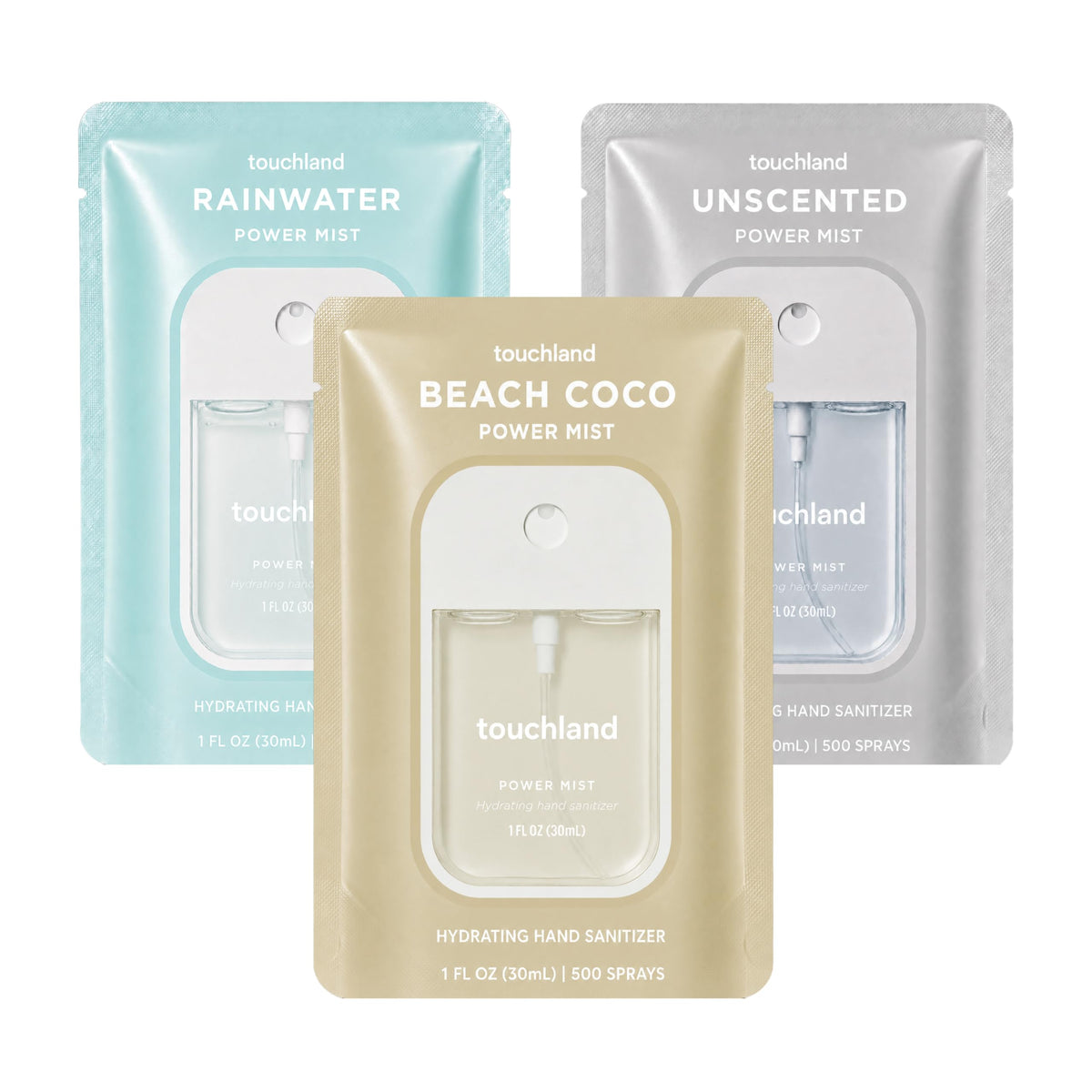 Touchland front packaging showing trio set and travel-ready convenience