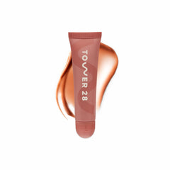 Tower 28 LipSoftie front packaging showing shade Dulce De Leche and glossy finish benefit