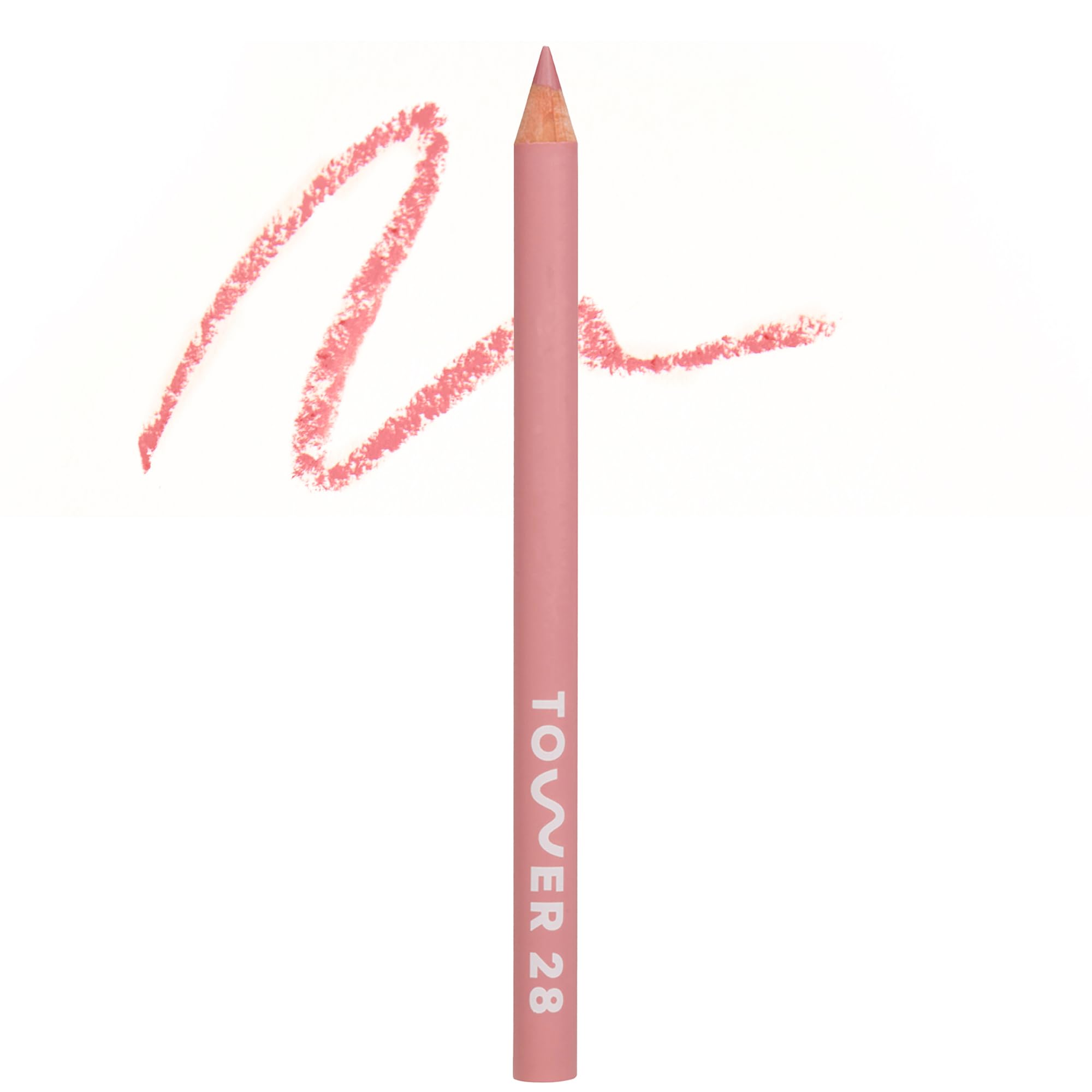 Tower 28 front view of OneLiner pencil showing rosy nude shade and compact design