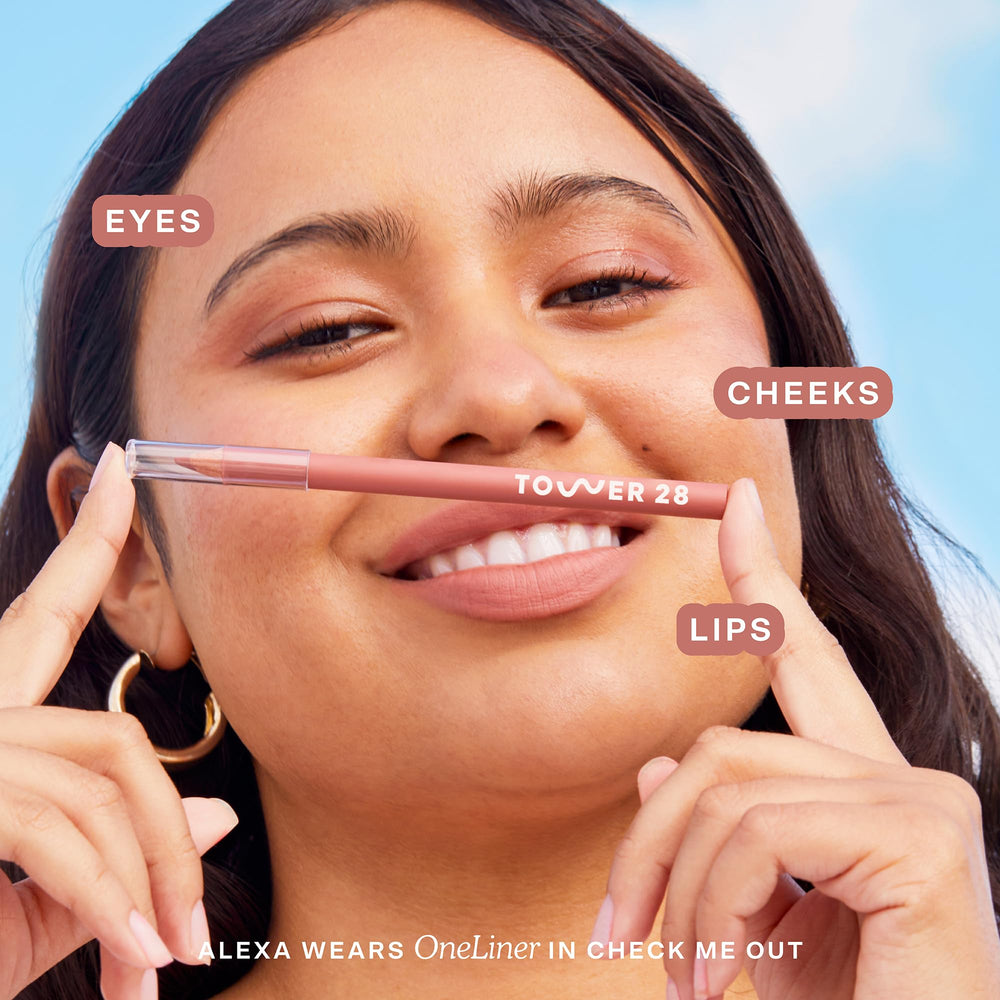 Tower 28 pencil tip close-up demonstrating creamy glide benefit for precise lines