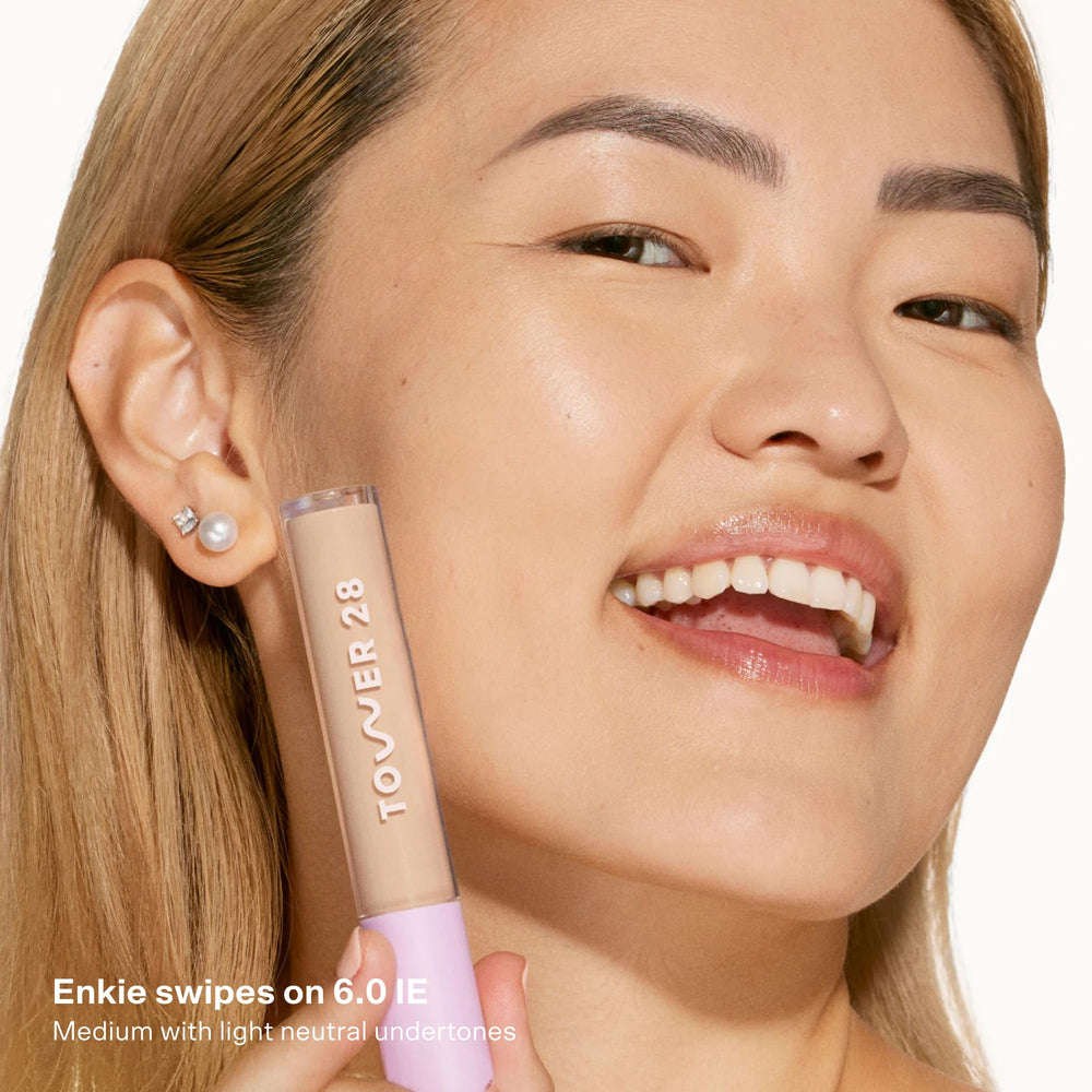 Tower 28 creamy serum texture swiped on skin showing smooth blendability