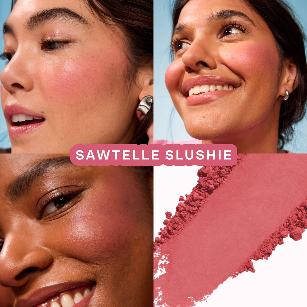 Tower 28 applied on cheeks in lifestyle shot showing natural matte flush benefit