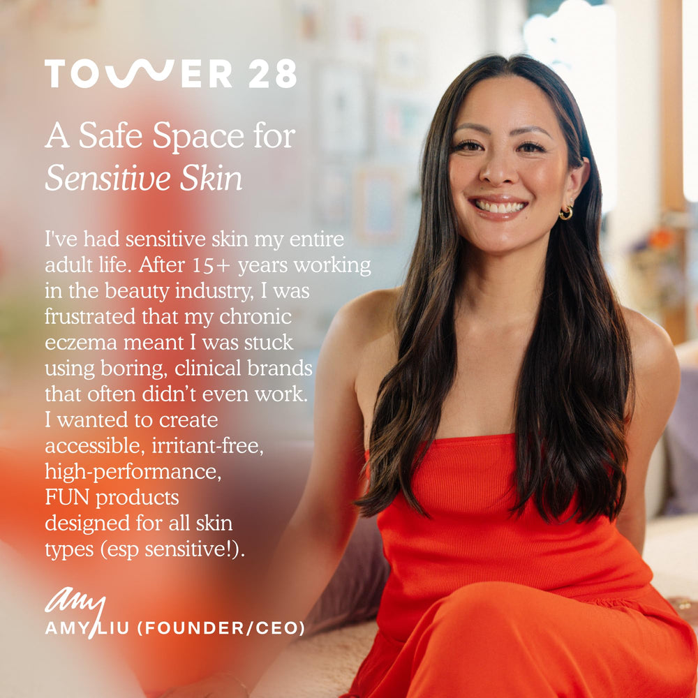 Tower 28 lifestyle shot in beach pouch showing on-the-go, everyday makeup benefit