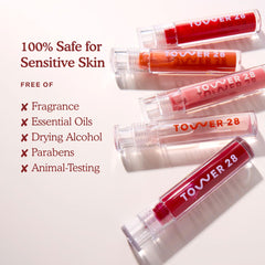 Tower 28 texture swipe of jelly gloss illustrating glossy, non-sticky finish and hydration